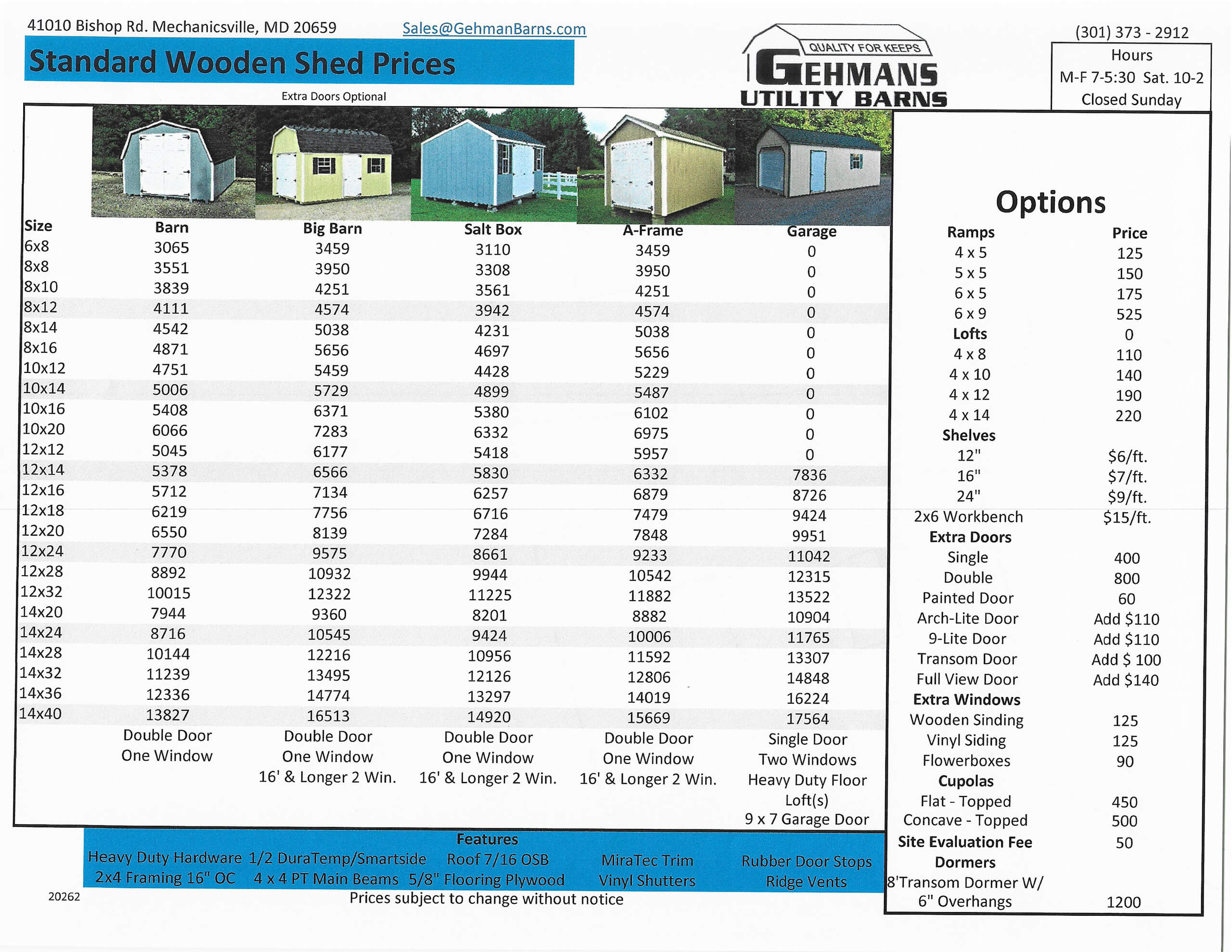 5.20.26 Gehman's Utility Barns Price Sheet 2 Table listing prices and specifications for various wooden shed styles and sizes, with additional options and contact details for Gehman's Utility Barns.