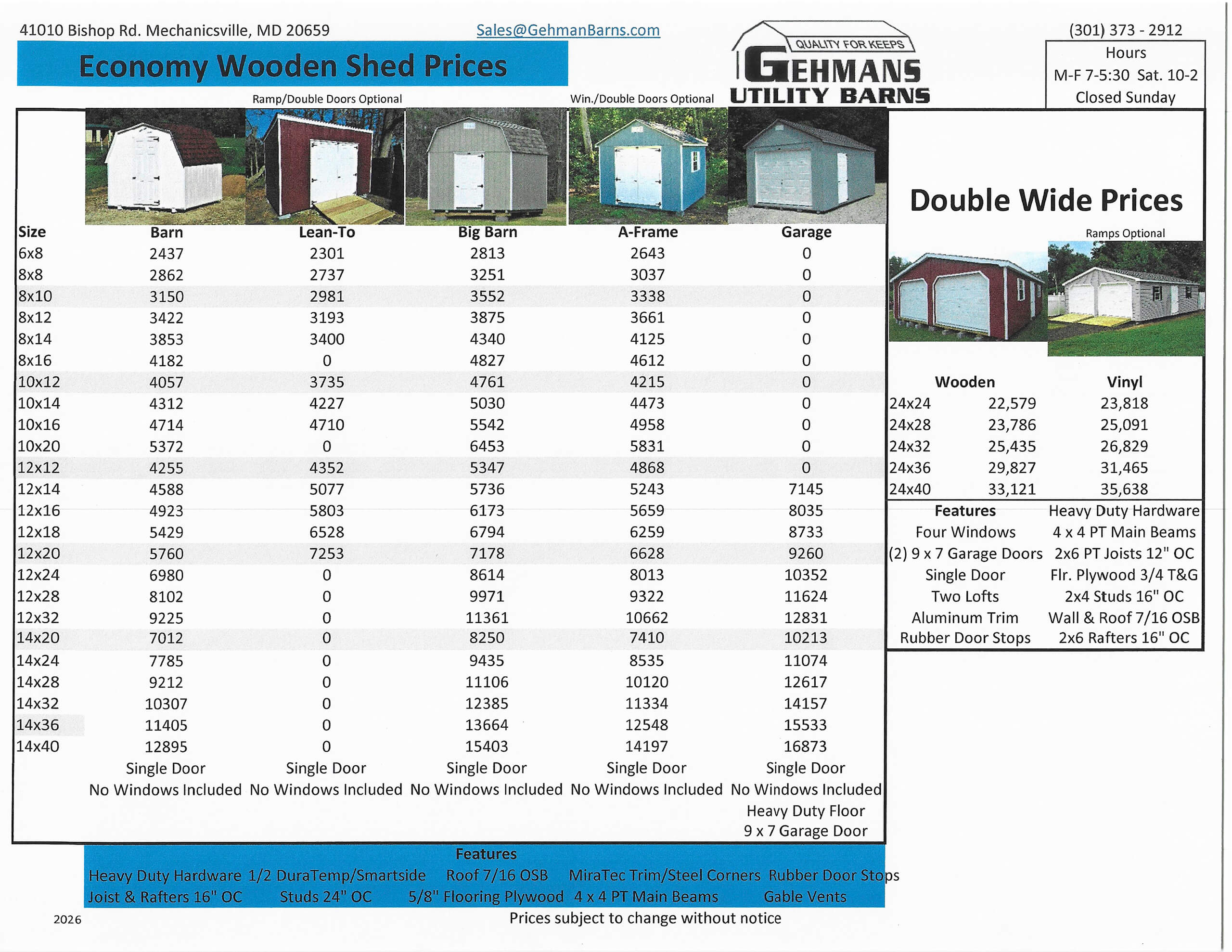 5.20.26 Gehman's Utility Barns Price Sheet 3 Price list for various sizes of wooden sheds and double wide sheds, including features, options, and contact information for Gehman’s Utility Barns.