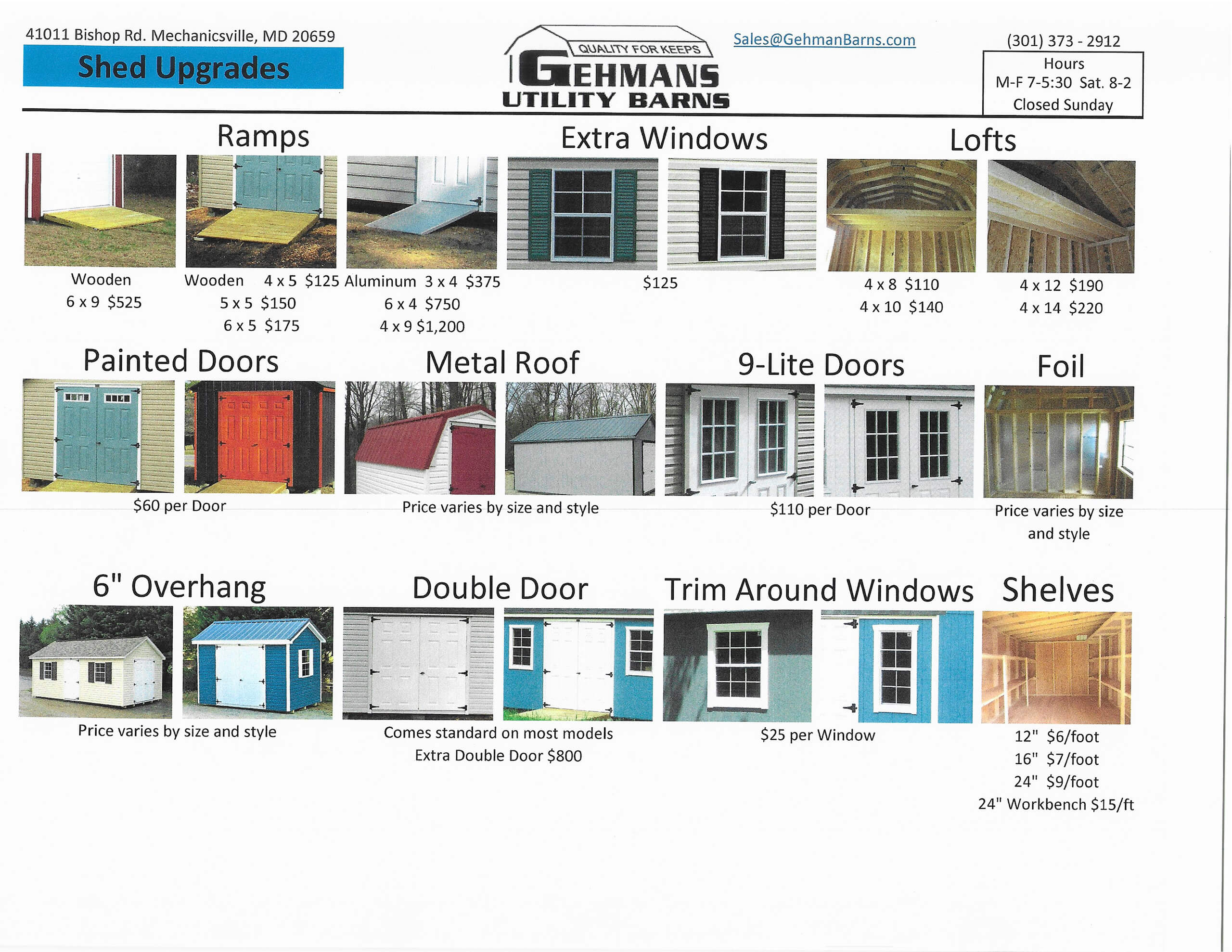 5.20.26 Gehman's Utility Barns Price Sheet 4 A catalog page displays shed upgrade options including ramps, extra windows, lofts, painted doors, metal roofs, overhangs, double doors, shelves, and prices for each.