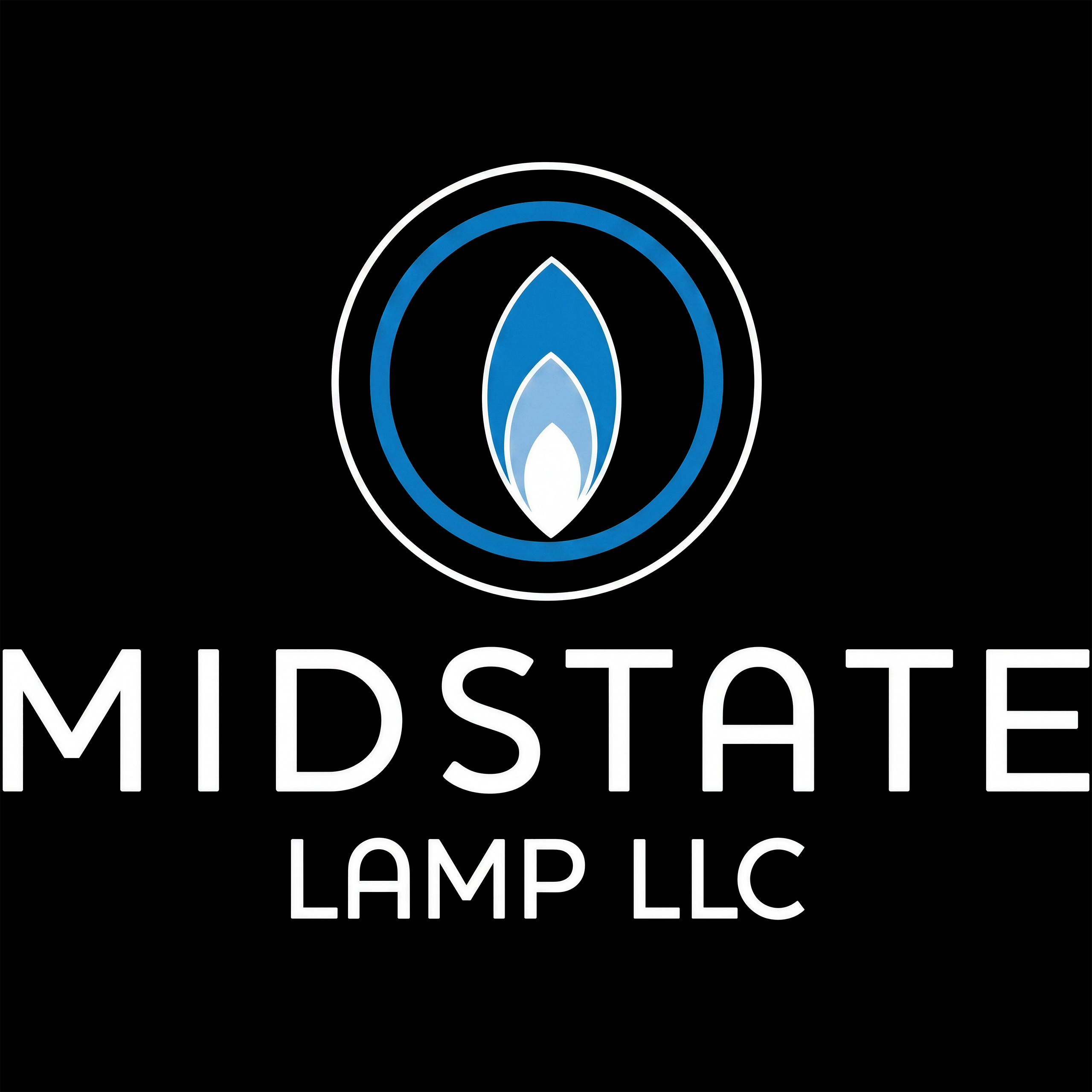 Midstate Lamp LLC logo with a blue and white flame design inside a circle, set against a black background. Company name is written in white capital letters below the flame.