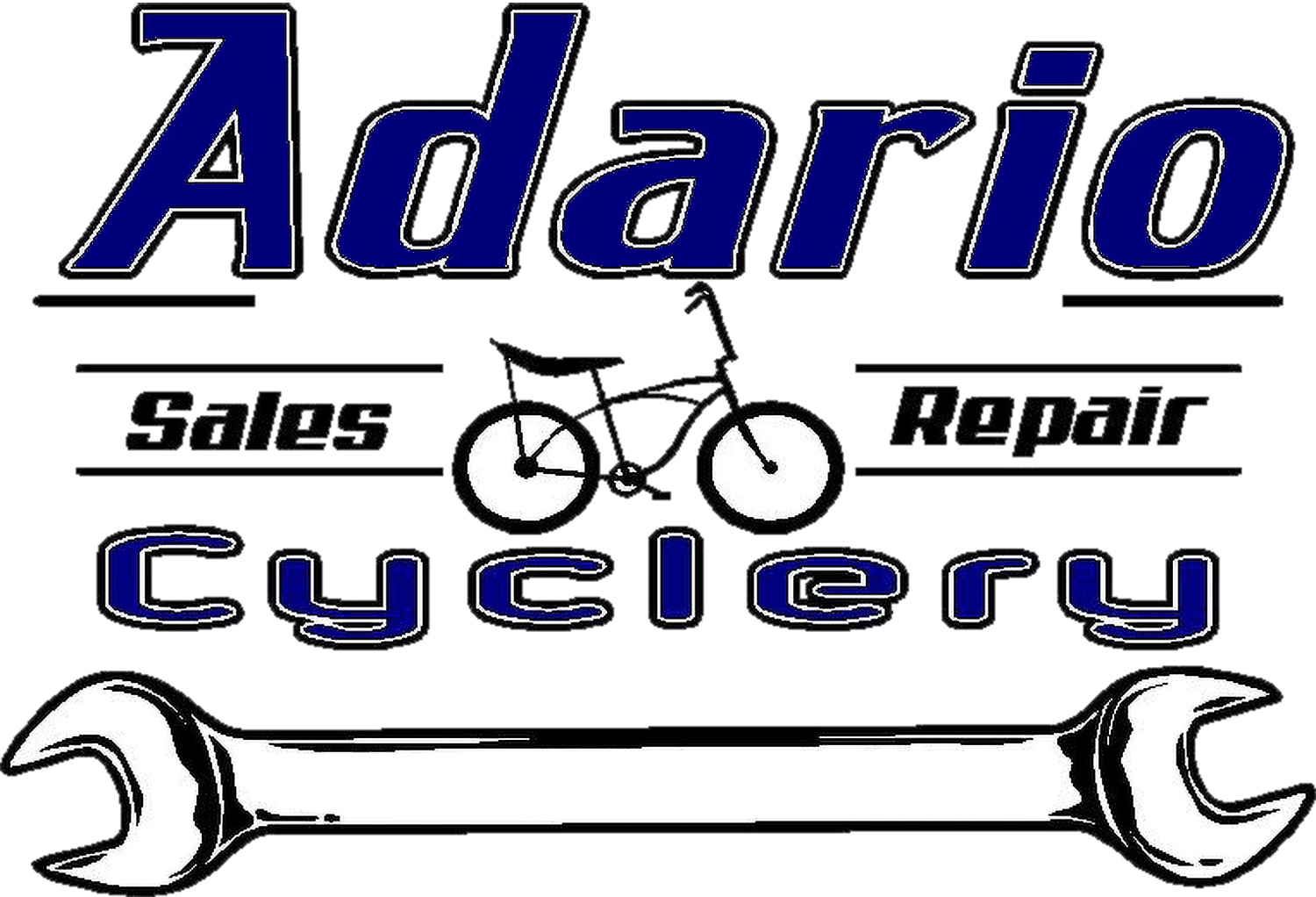 Logo for Adario Cyclery featuring a bicycle, the words "Sales," "Repair," and a large wrench graphic at the bottom.