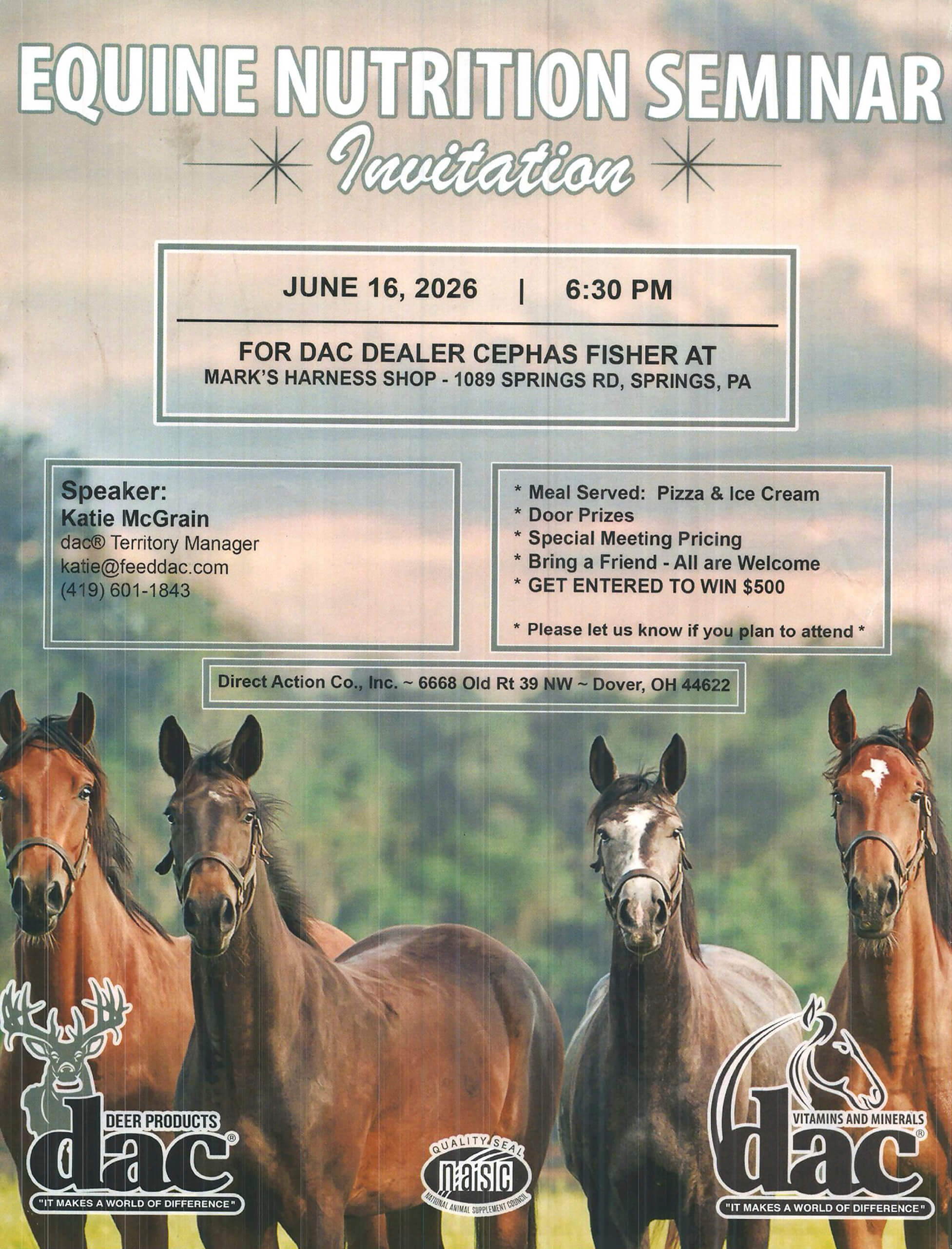 5.21.26 Mark's Harnes Shop Ad Flyer for an Equine Nutrition Seminar on June 16, 2026, at 6:30 PM in Springs, PA, featuring Katie McGrain and offering a pizza and ice cream meal, prizes, and meeting info.