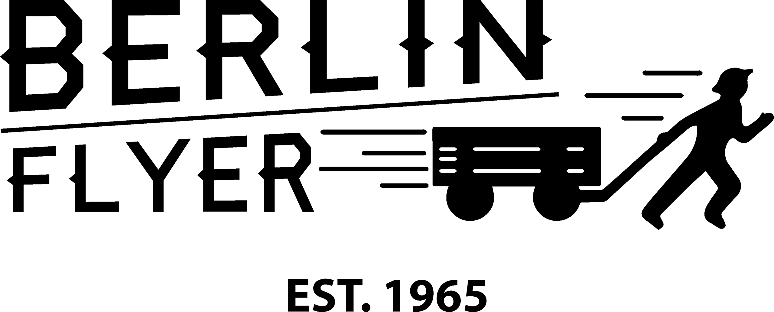 Black and white logo with "Berlin Flyer" text, a person pulling a wagon, motion lines, and "EST. 1965" below.