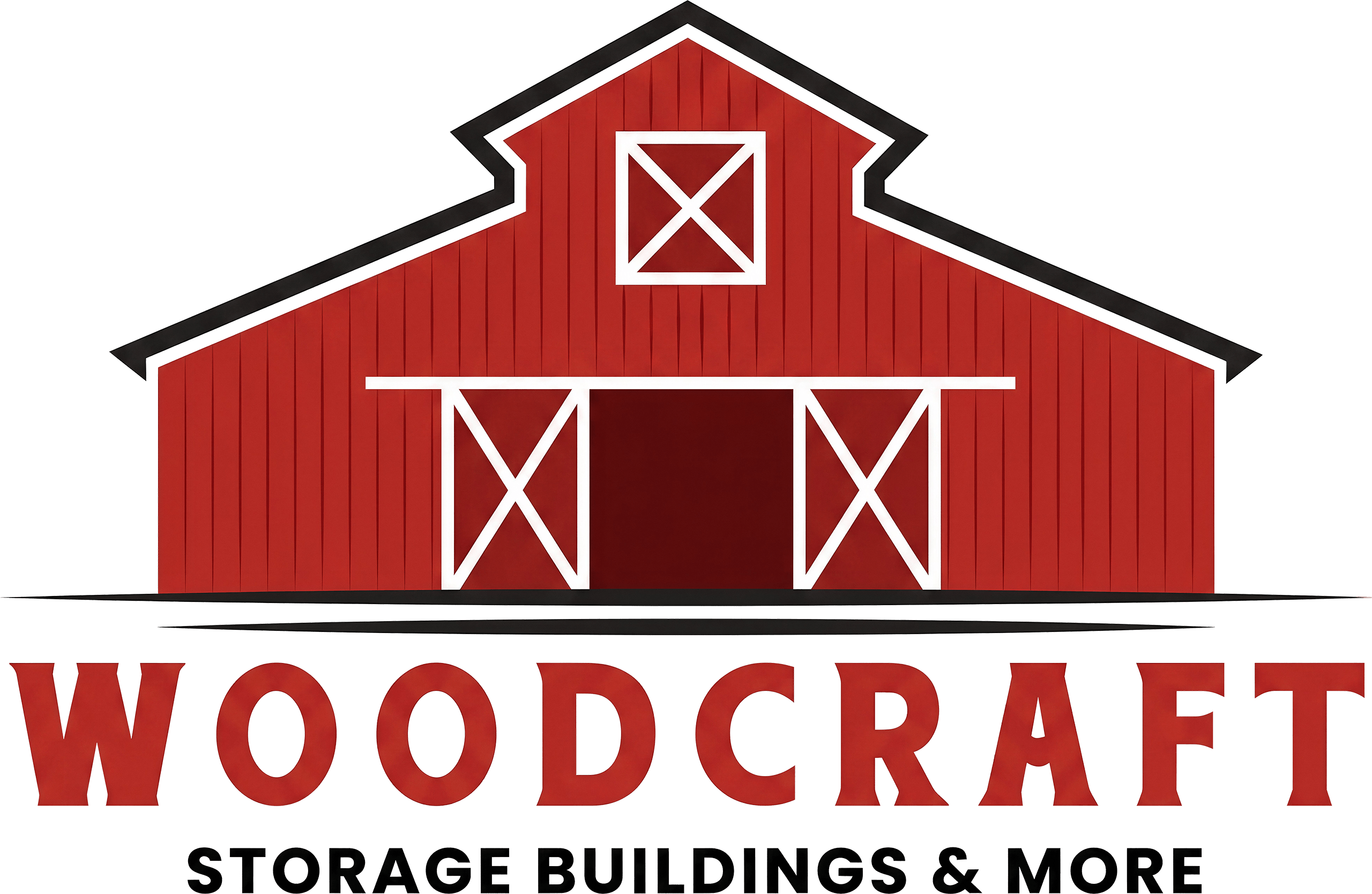Logo for Woodcraft Storage Buildings & More featuring a red barn with white trim and text.