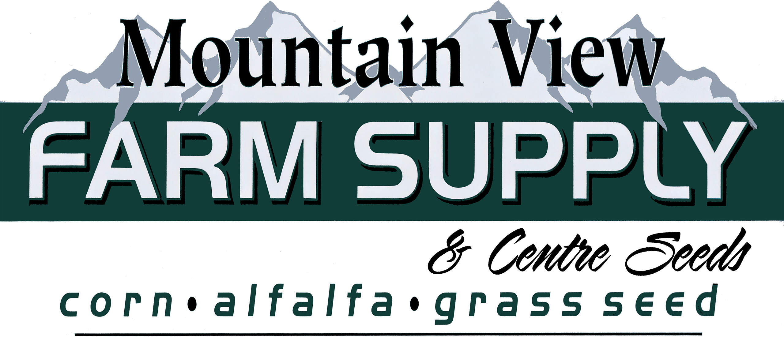 Logo for Mountain View Farm Supply & Centre Seeds, featuring mountains, the words "FARM SUPPLY," and a list of seeds: corn, alfalfa, grass seed.