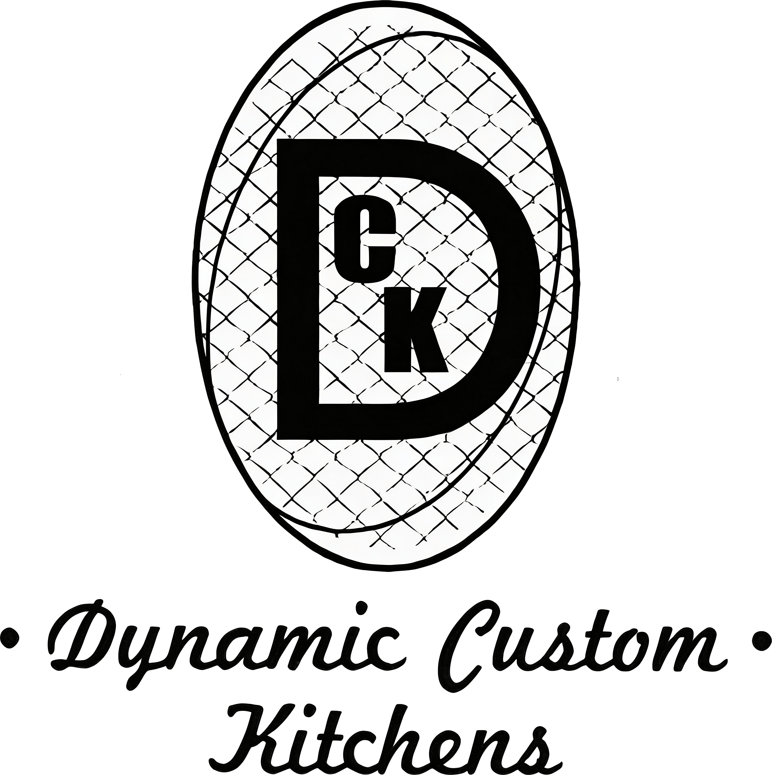 Logo for Dynamic Custom Kitchens featuring a large "D" with the letters "C" and "K" inside, over a crisscross background, with the company name in script below.