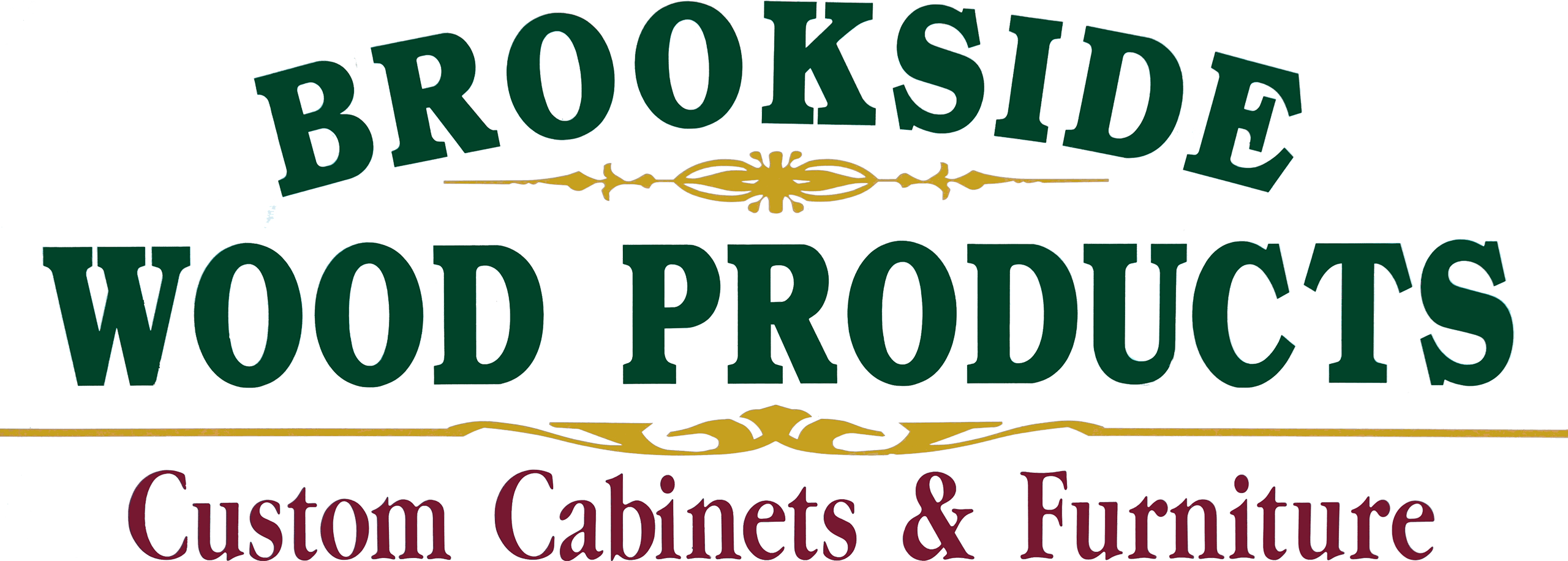 Logo for Brookside Wood Products with the text "Custom Cabinets & Furniture" underneath in a decorative font.