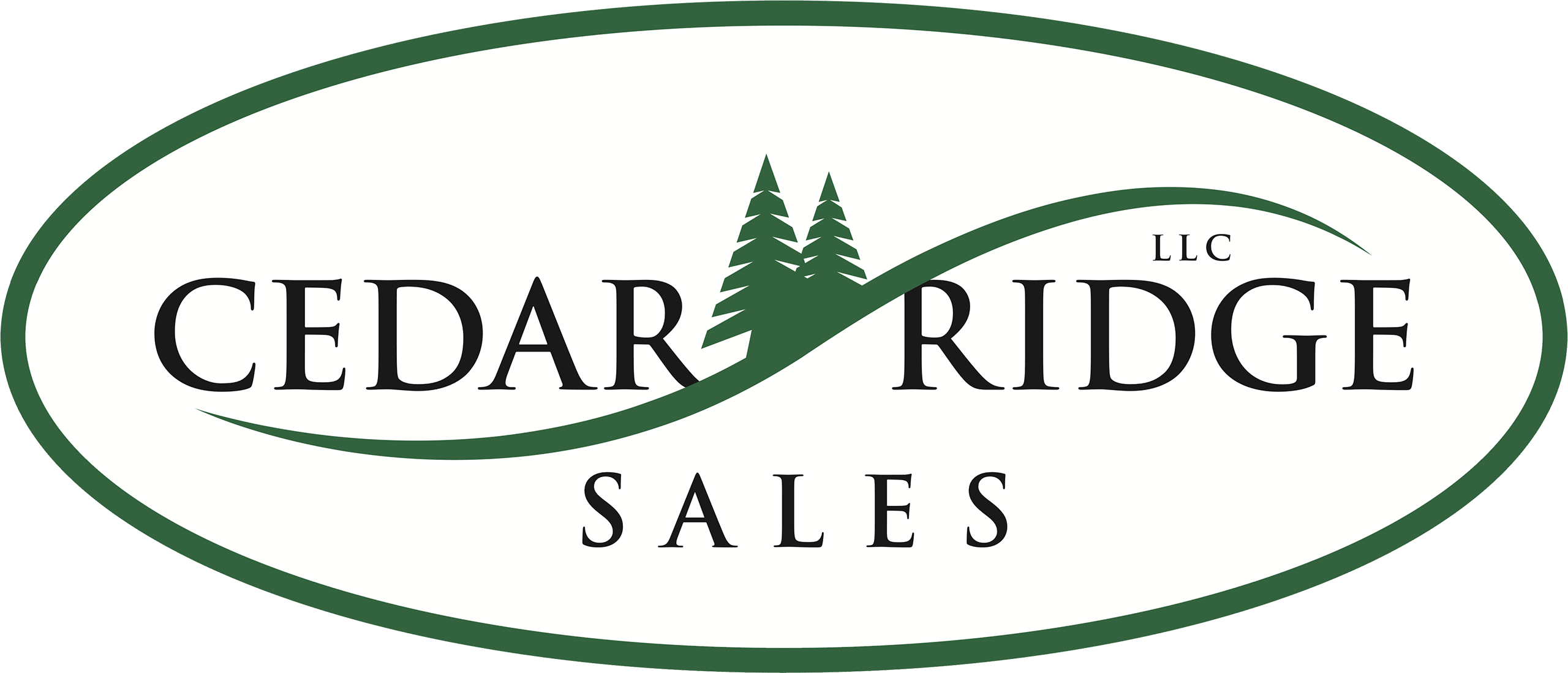 Cedar Ridge Sales LLC logo with two green trees and a curved line separating the words "Cedar" and "Ridge," all inside a green oval border.