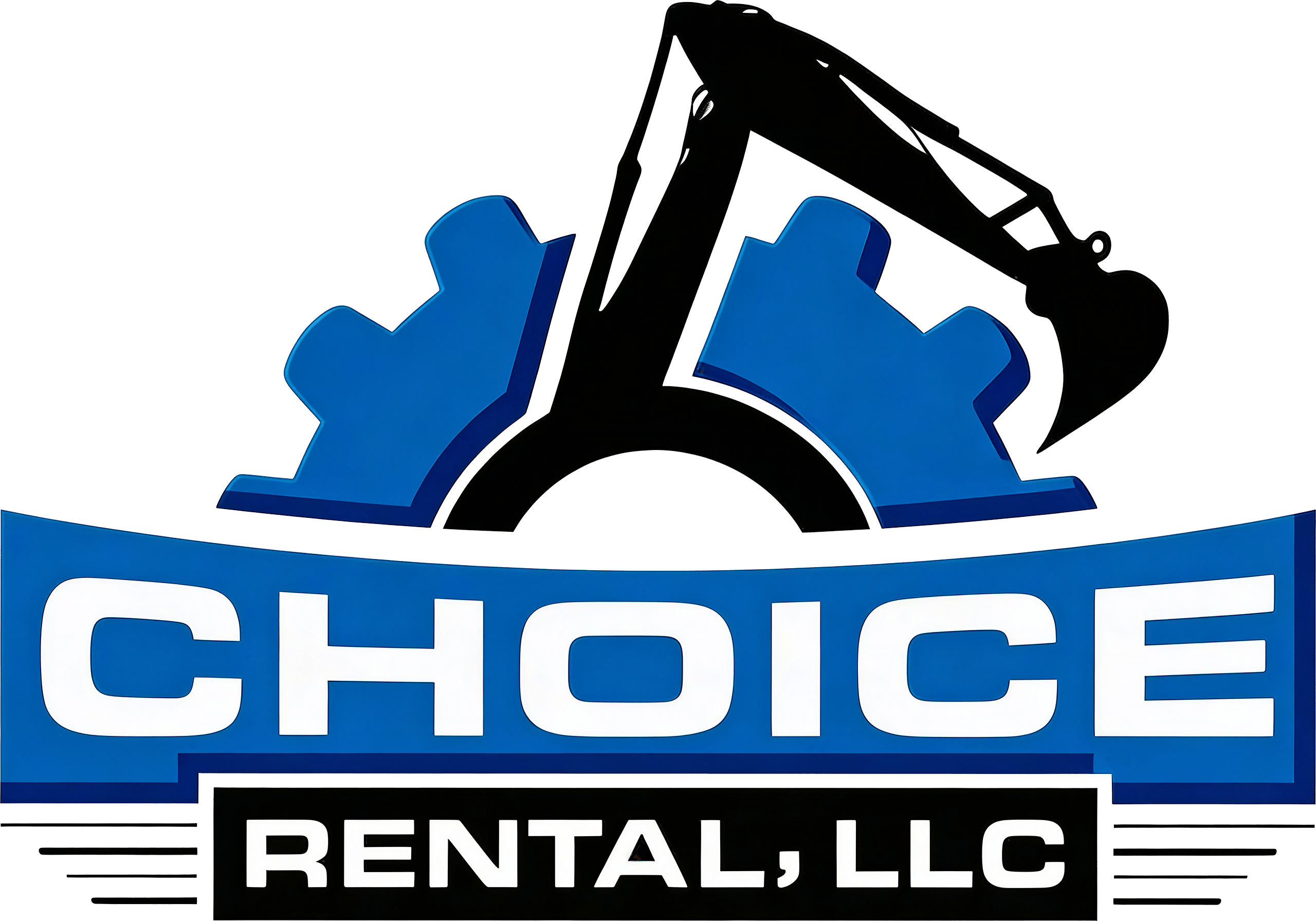 Logo for "Choice Rental, LLC" featuring a black excavator arm over two blue gears, with bold blue and white text below.