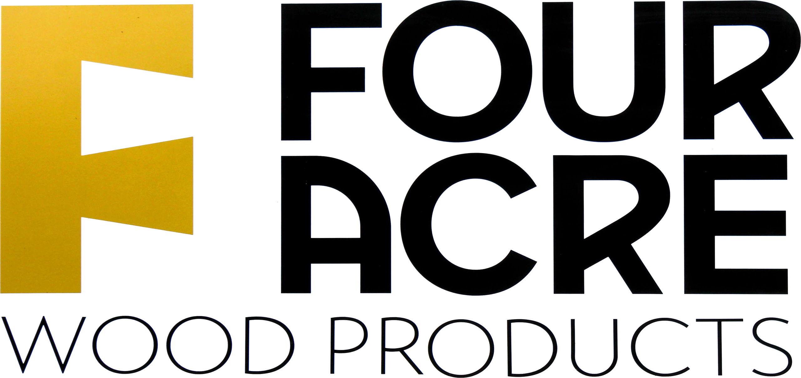 Logo for Four Acre Wood Products featuring a large yellow "F" on the left and bold black text reading "FOUR ACRE" above "WOOD PRODUCTS" in smaller letters.
