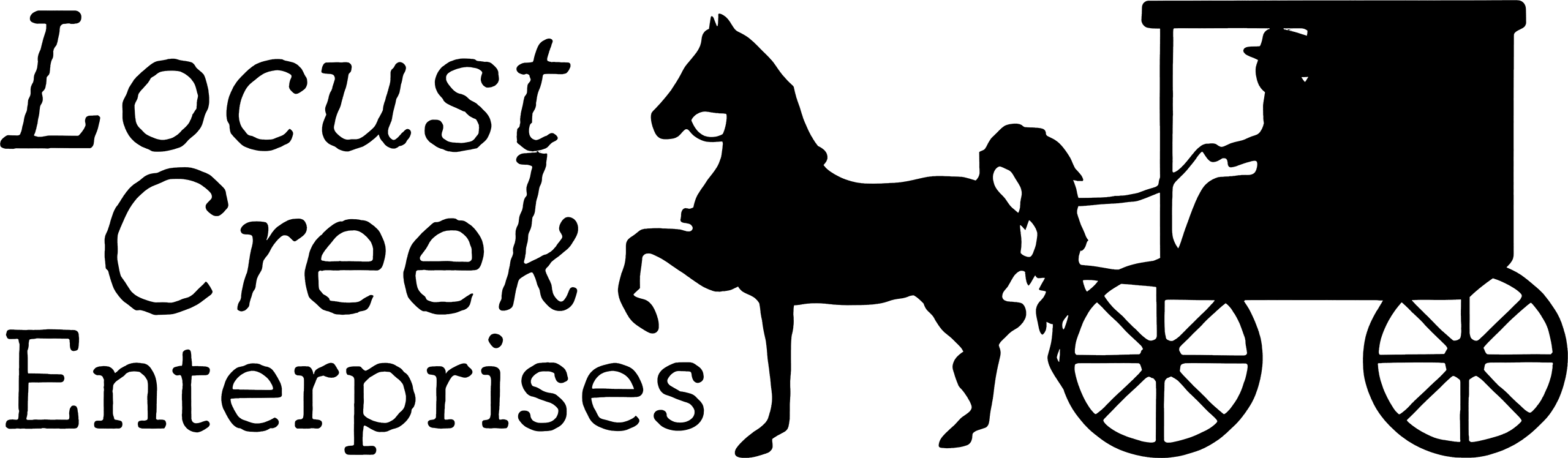 Locust Creek Enterprises logo with stylized text and a silhouette of a horse pulling a carriage with a driver.