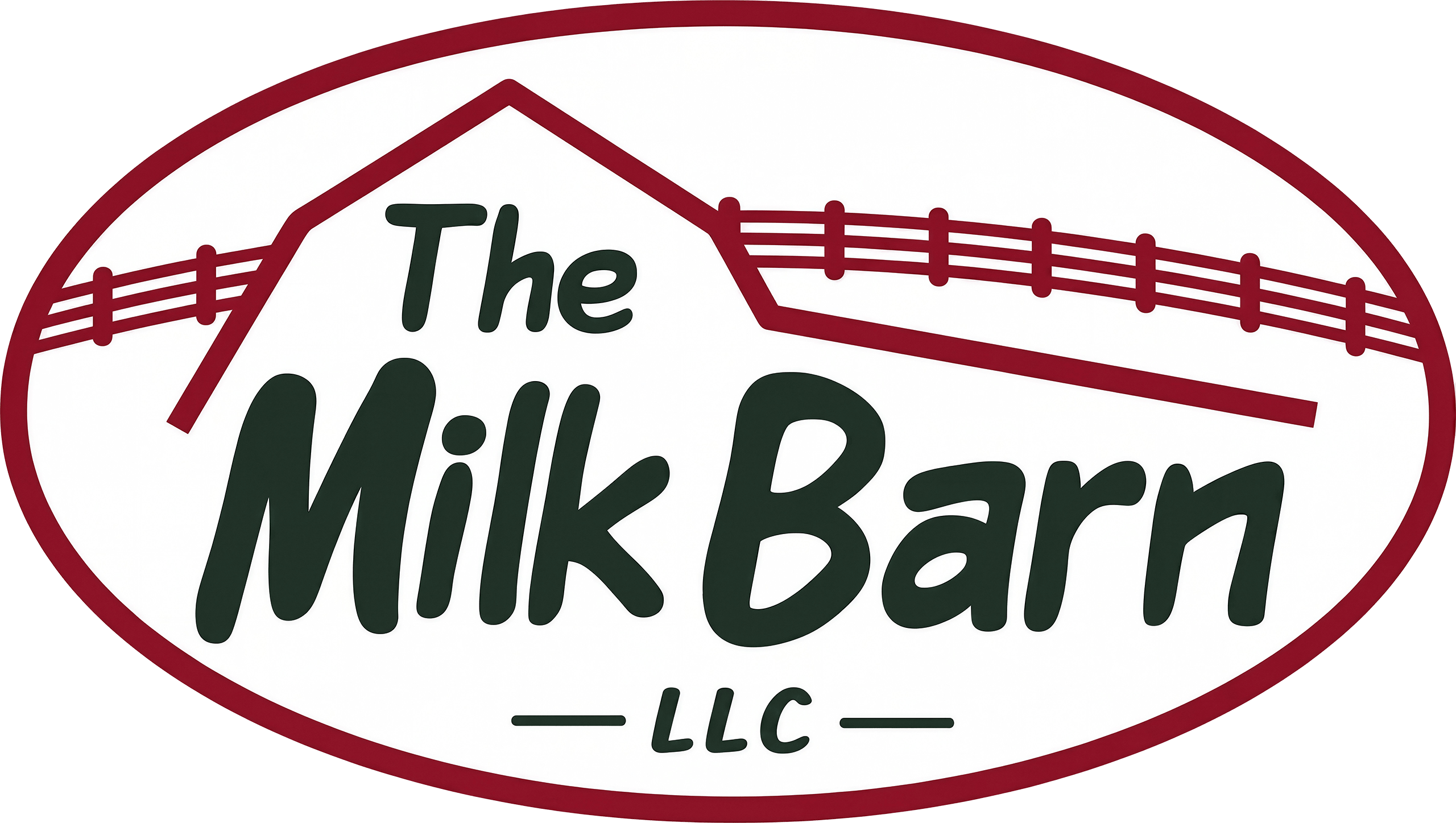 Logo for "The Milk Barn LLC" featuring stylized barn roof and fence lines in maroon with the business name in bold black letters inside an oval outline.
