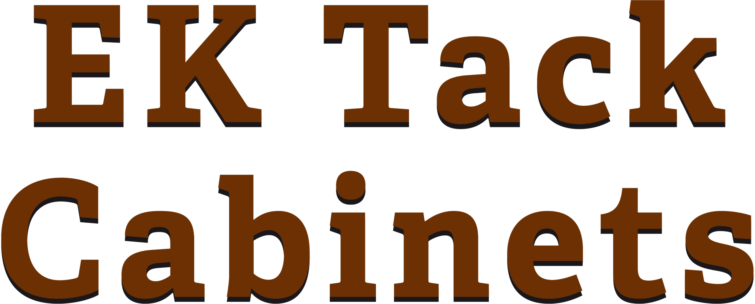 The image displays the text "EK Tack Cabinets" in large, bold, brown letters on a light background.