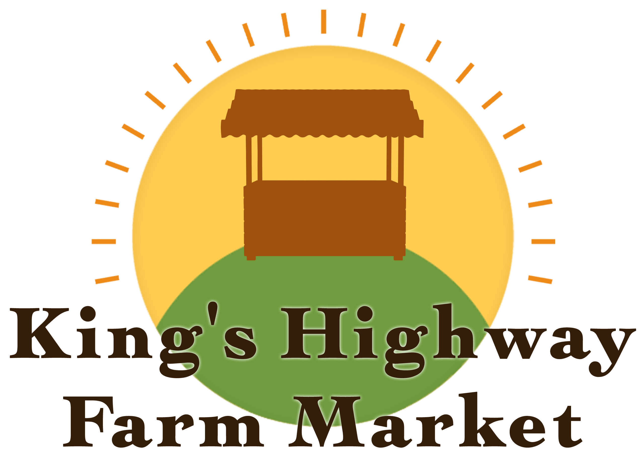 Logo for King's Highway Farm Market featuring a brown market stall over a yellow and green background with sun rays, and the market name in bold, dark text below.