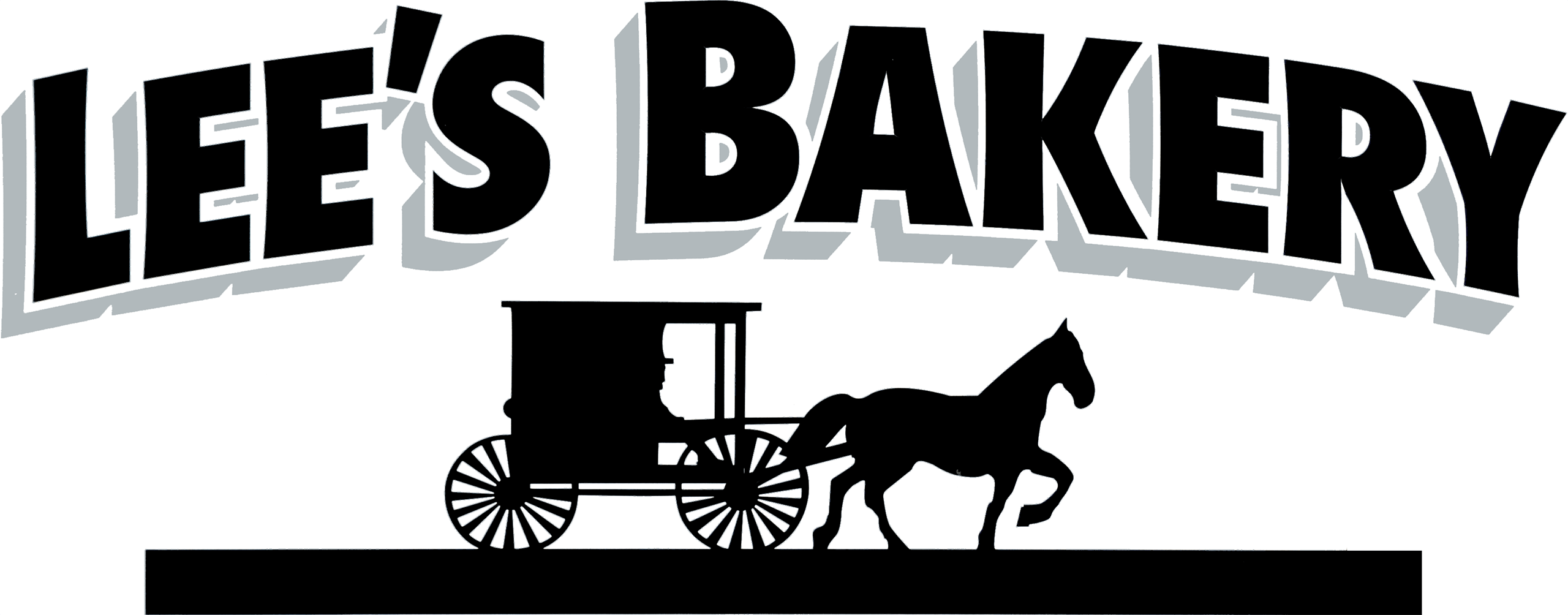 Logo for "Lee's Bakery" featuring bold black text above a silhouette of a horse pulling a carriage with a driver.