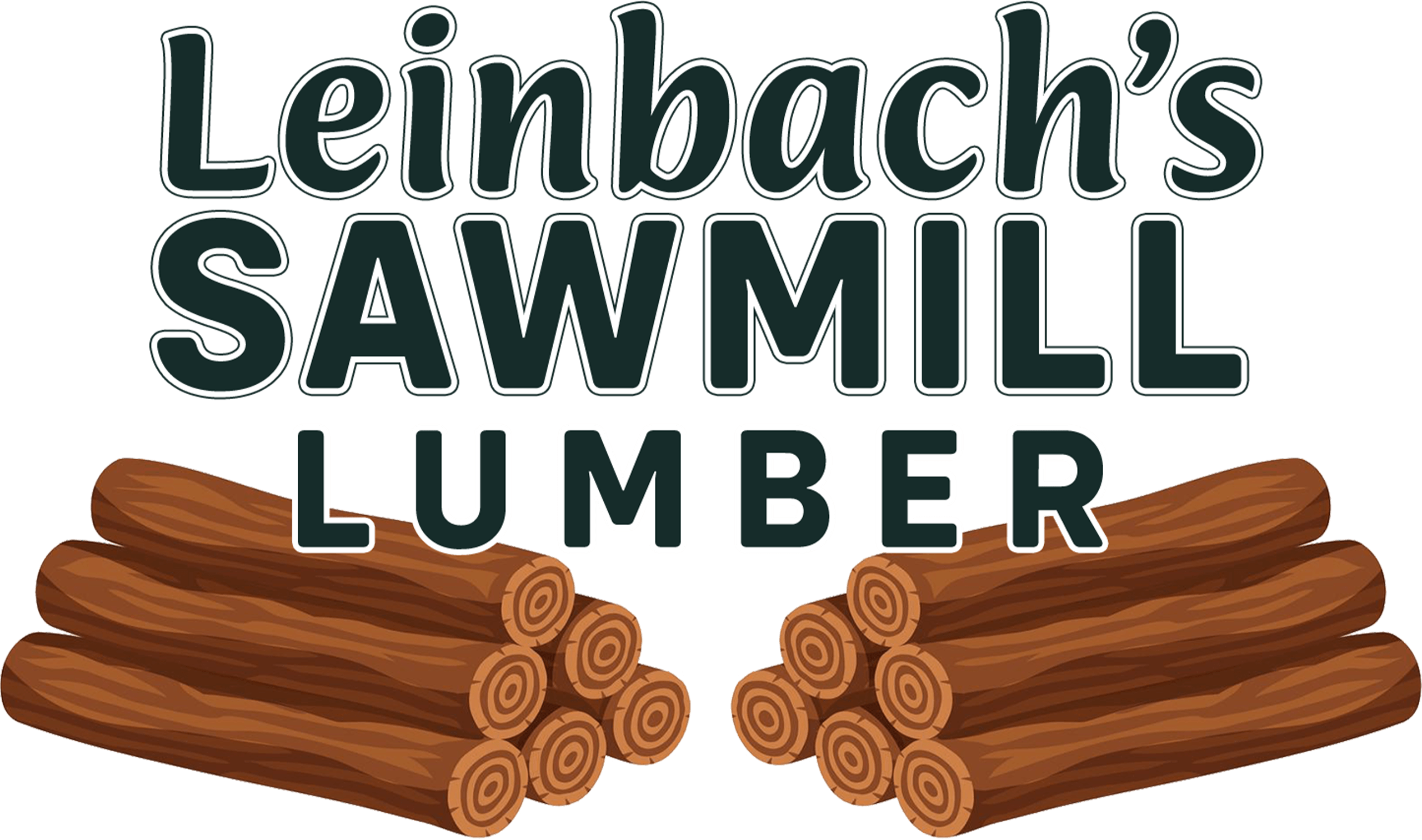 Logo for Leinbach's Sawmill Lumber featuring stacked logs on both sides of the business name in bold, stylized text.