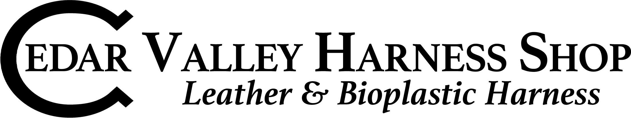 Logo for Cedar Valley Harness Shop with the text "Leather & Bioplastic Harness" underneath in a serif font.