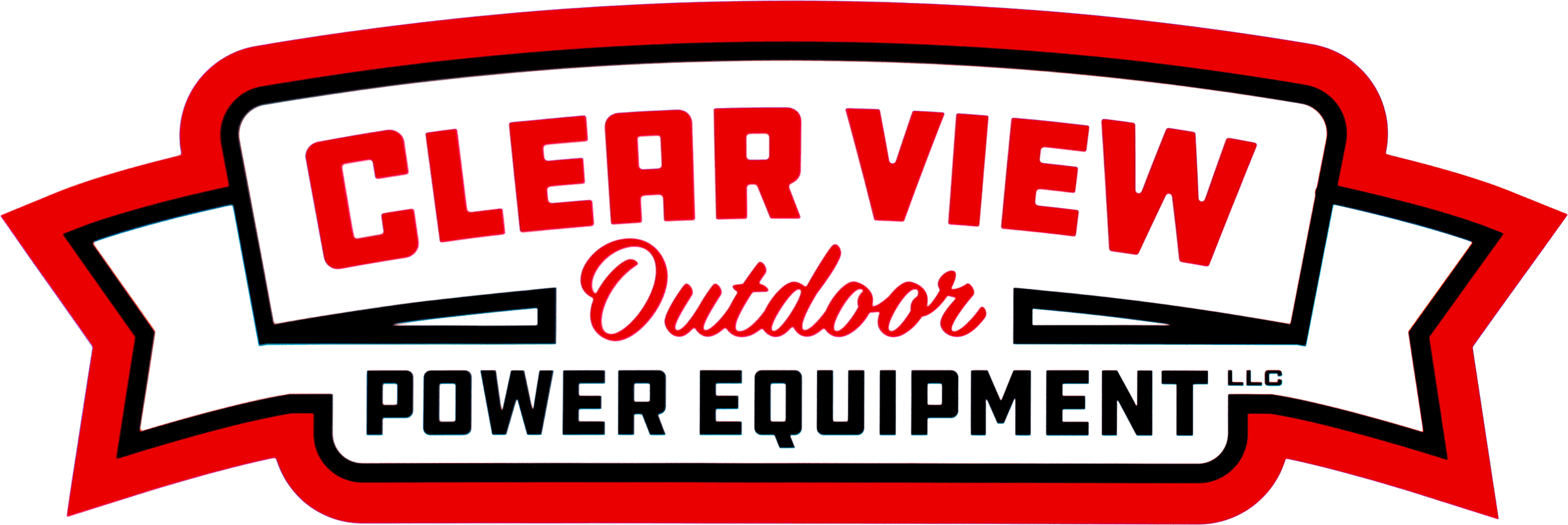 Logo for "Clear View Outdoor Power Equipment LLC" in bold red, black, and white text with a banner design.