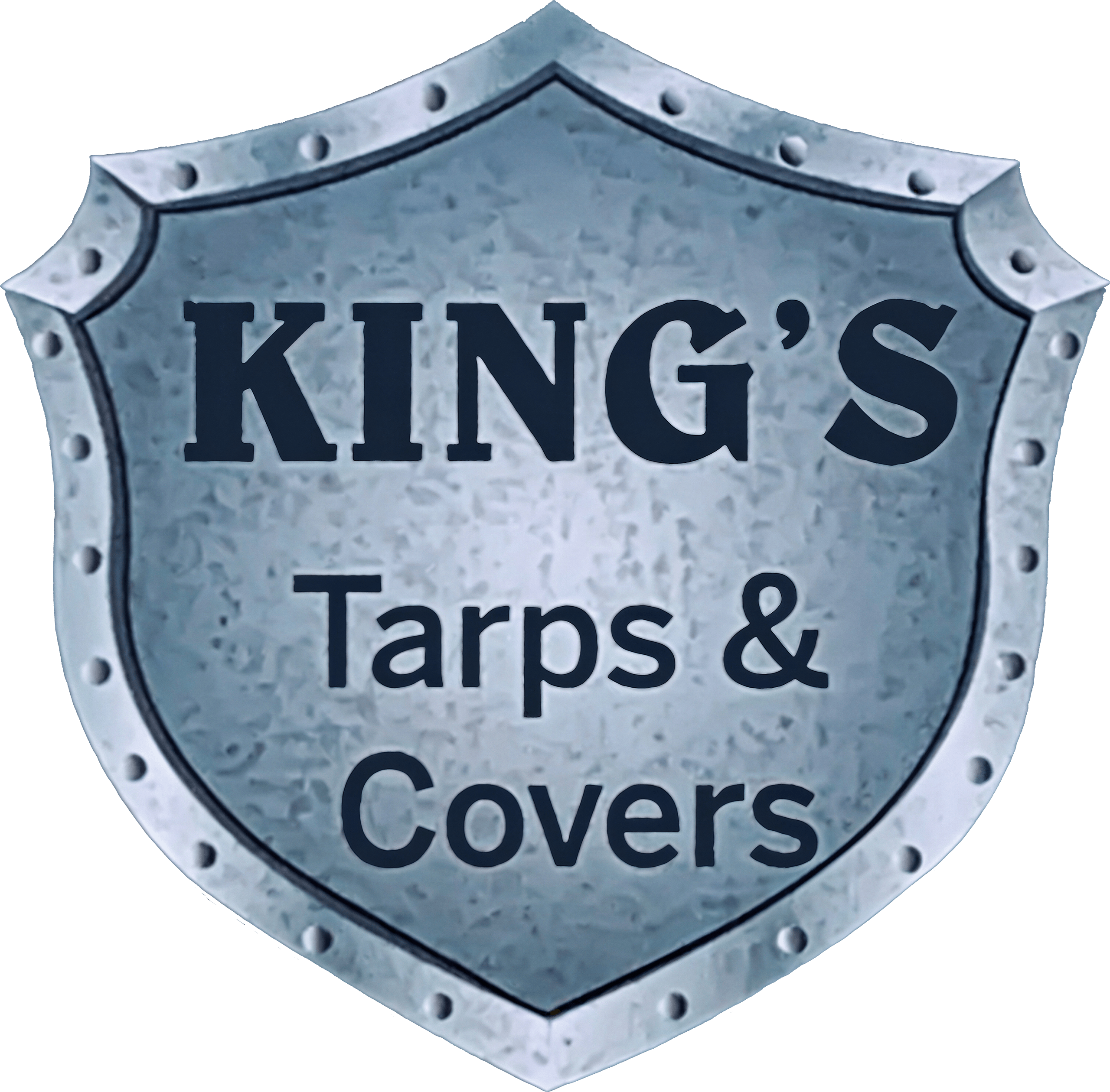 A metallic shield-shaped logo reads "KING'S Tarps & Covers" in bold, dark letters.