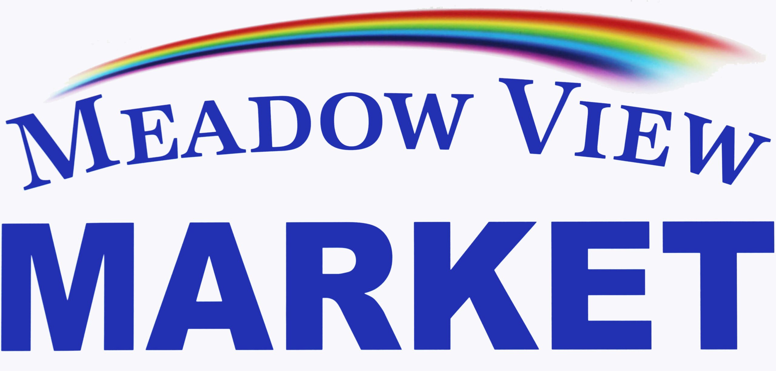 The image shows the words "Meadow View Market" in blue text with a colorful rainbow arch above the text on a white background.