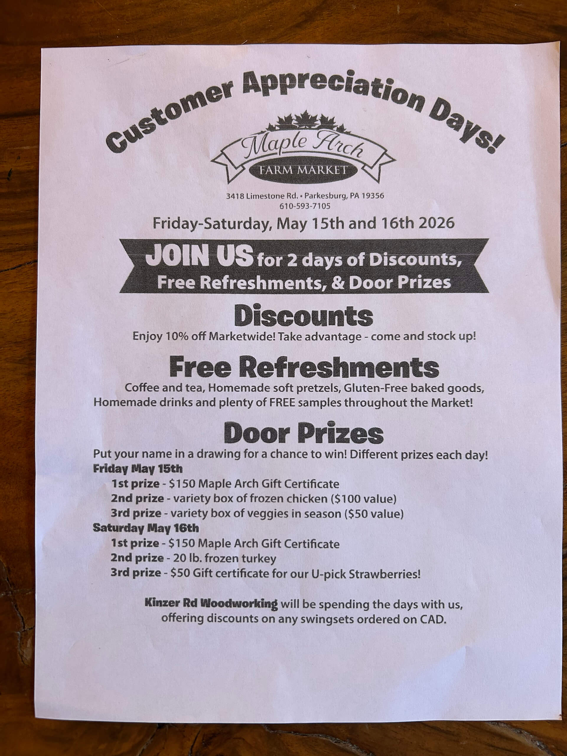 5.5.26 Maple Arch Farm Market Ad 3 A flyer for Maple Arch Farm Market's Customer Appreciation Days on May 15–16, 2026, featuring discounts, free refreshments, and door prize details.
