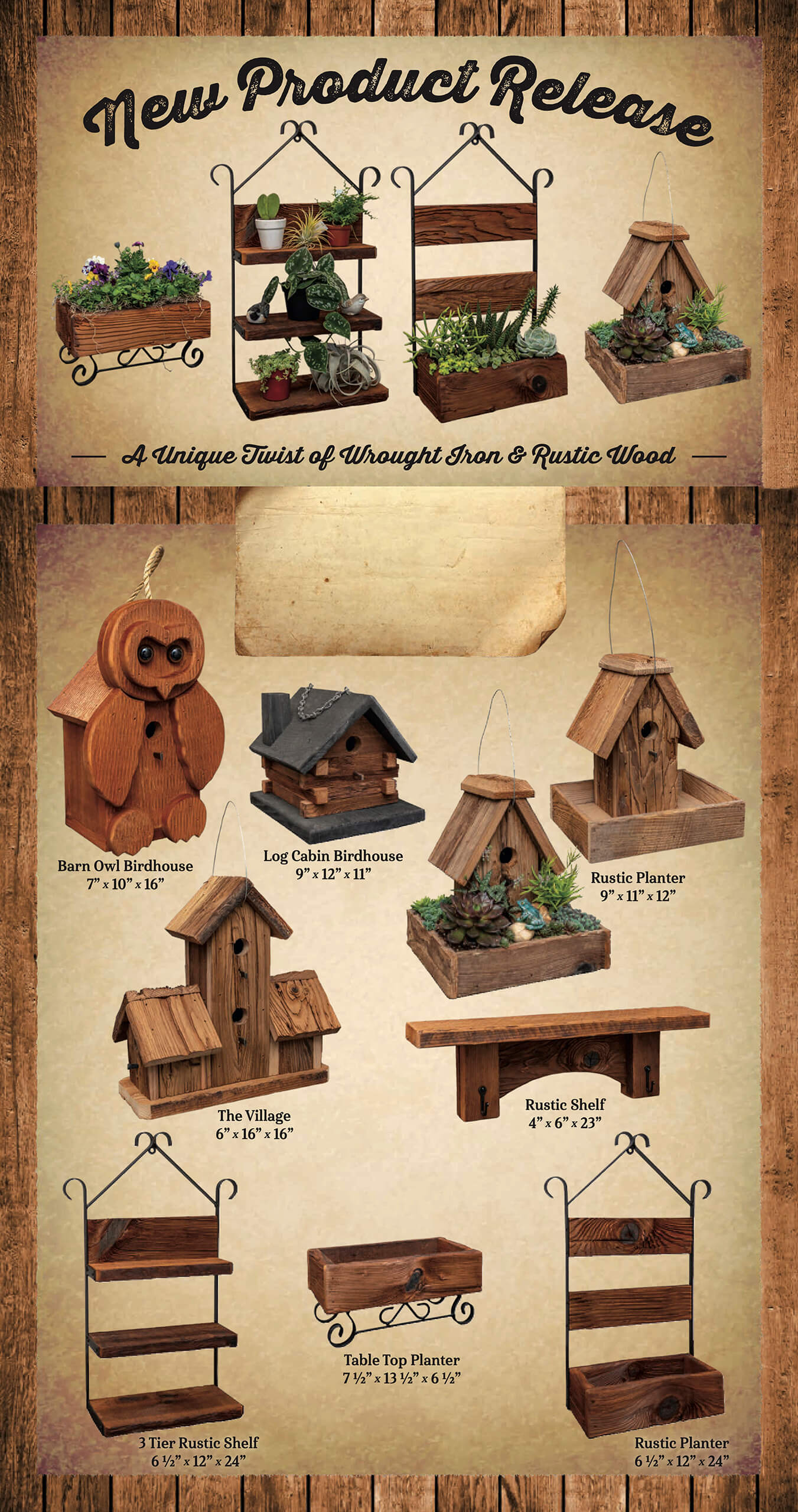 A collection of rustic wood and wrought iron birdhouses, planters, and shelves is arranged and labeled on a promotional display for a new product release.