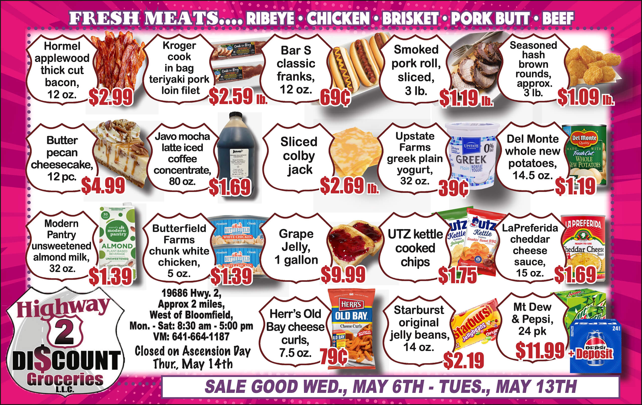 A grocery store flyer advertises various meats, snacks, canned goods, and dairy products with prices and sale dates from May 6th to May 13th.