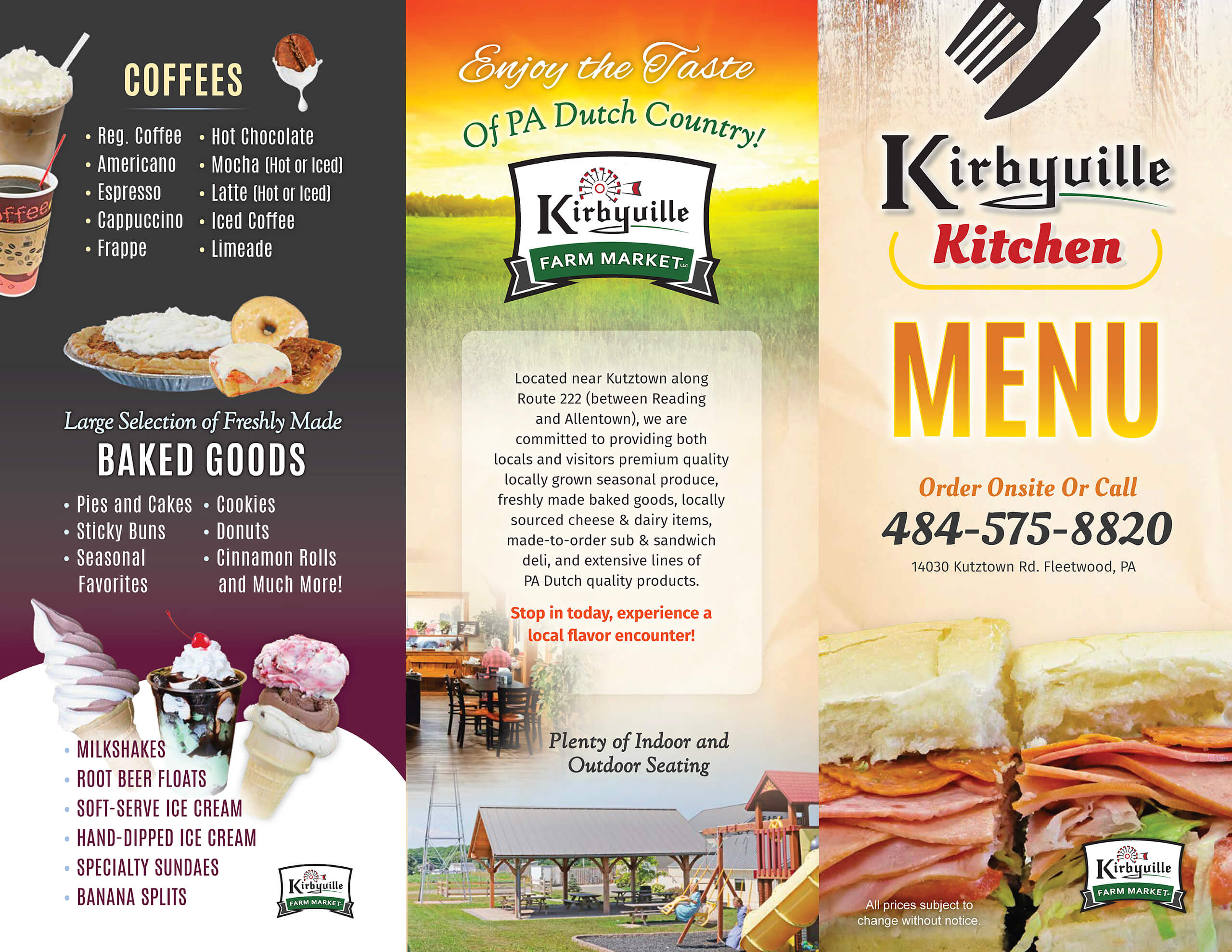 Tri-fold brochure for Kirbyville Kitchen and Farm Market featuring their menu, baked goods, beverages, and contact information with food images and a countryside photo.
