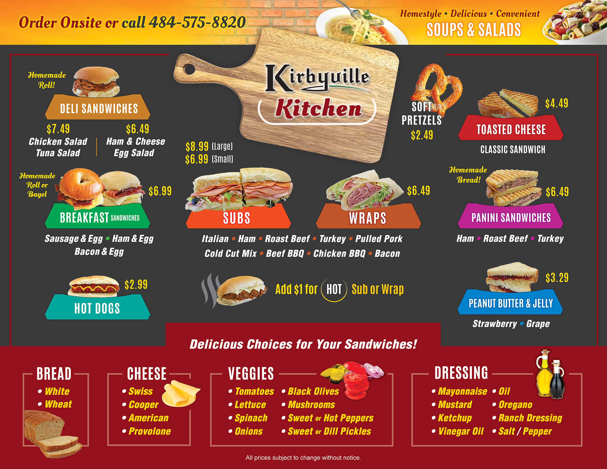 Menu for Kirbyville Kitchen featuring deli sandwiches, hot dogs, subs, wraps, panini sandwiches, soups, and salads with options for cheese, veggies, and dressing.