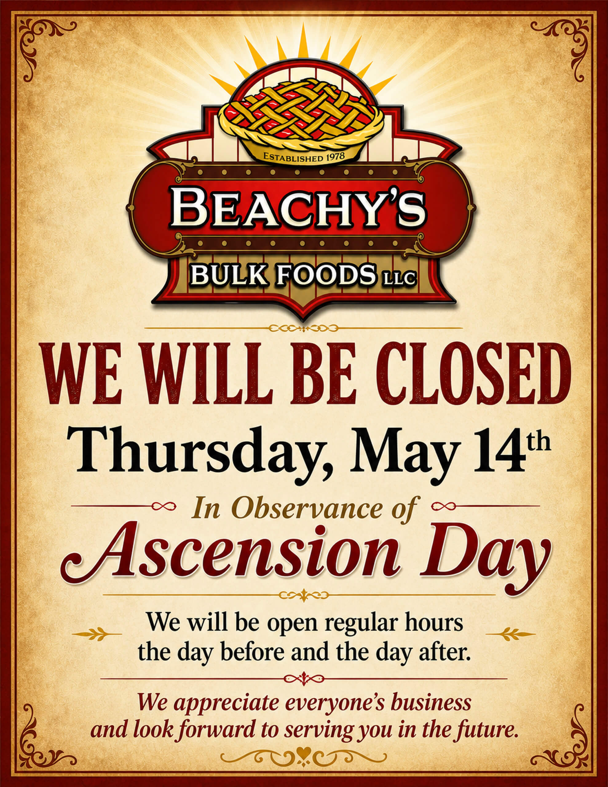 Sign announcing Beachy's Bulk Foods will be closed on Thursday, May 14th in observance of Ascension Day, with regular hours before and after the holiday.