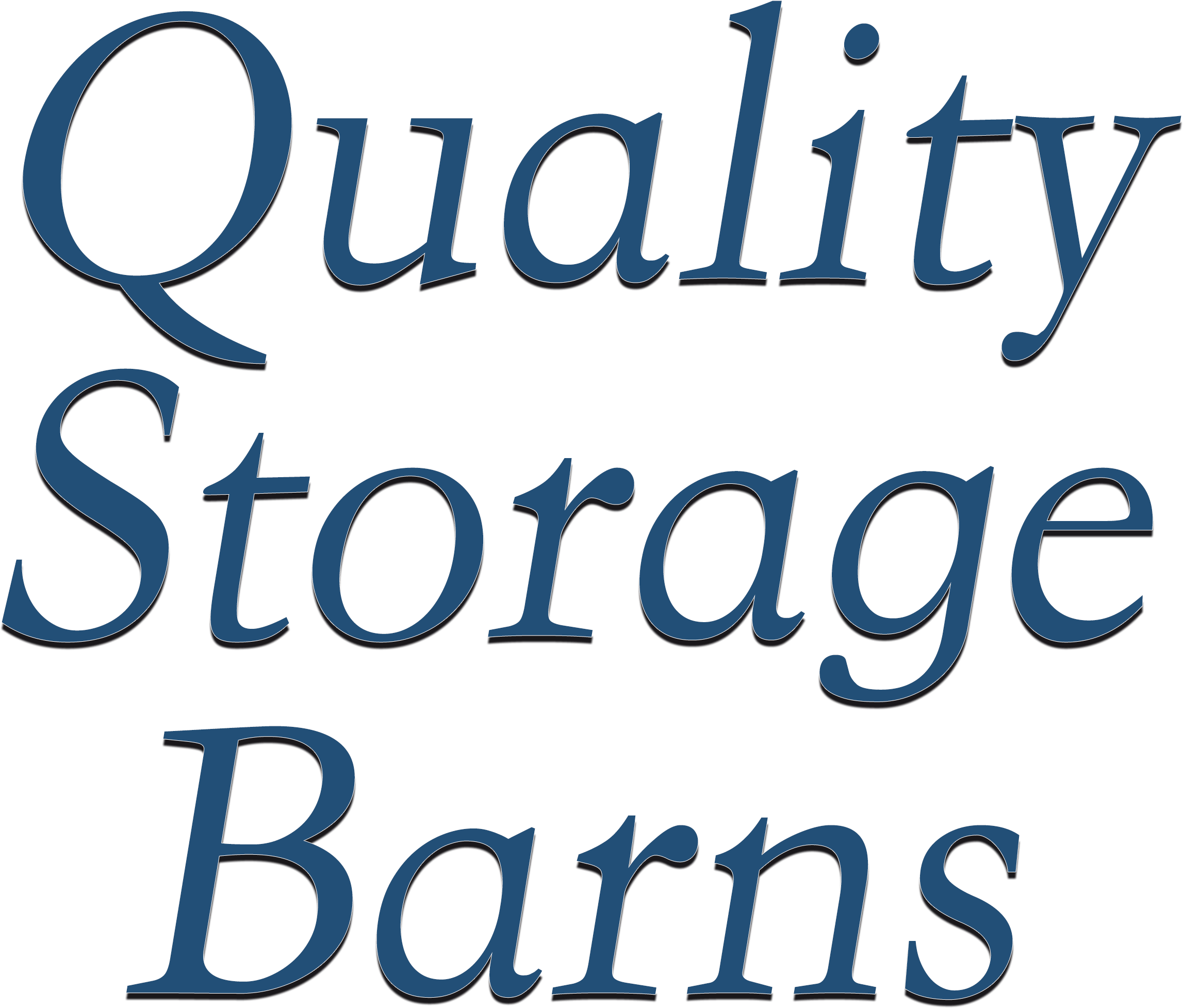 The image features the words "Quality Storage Barns" in large, blue serif font on a white background.