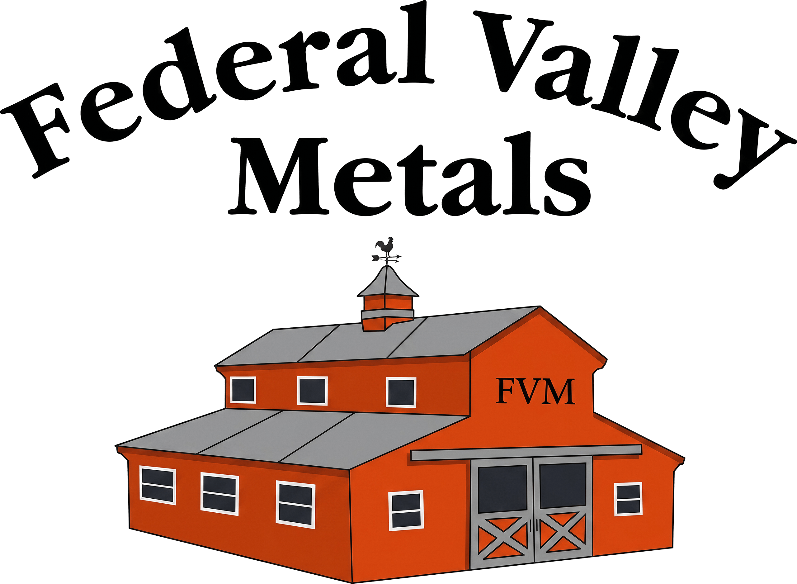 Logo for Federal Valley Metals featuring a red barn with "FVM" on it, topped with a weathervane, and large text above reading "Federal Valley Metals.