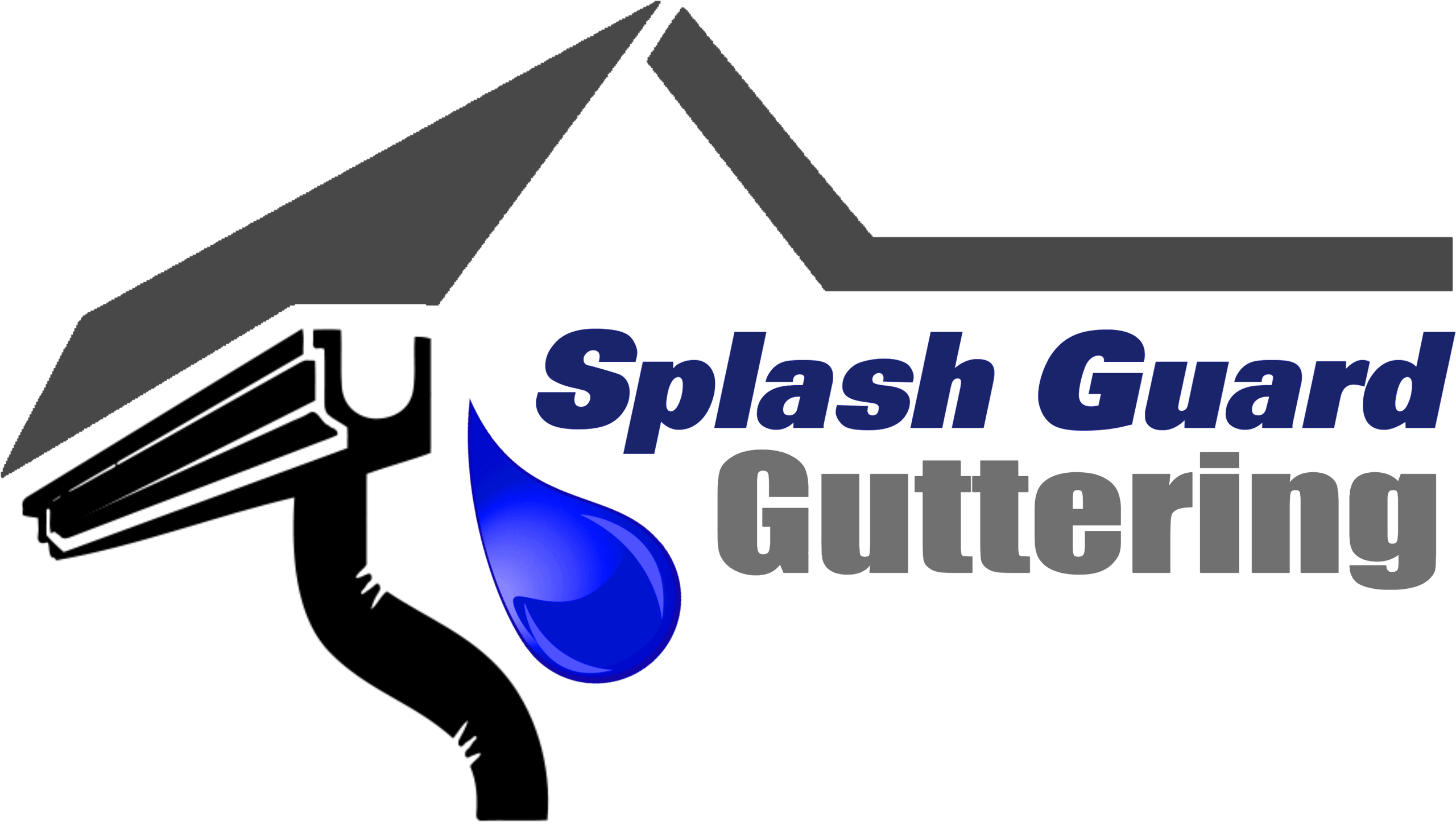 Logo for Splash Guard Guttering featuring a stylized roof, gutter with a downspout, a blue water droplet, and bold text in black, blue, and gray.