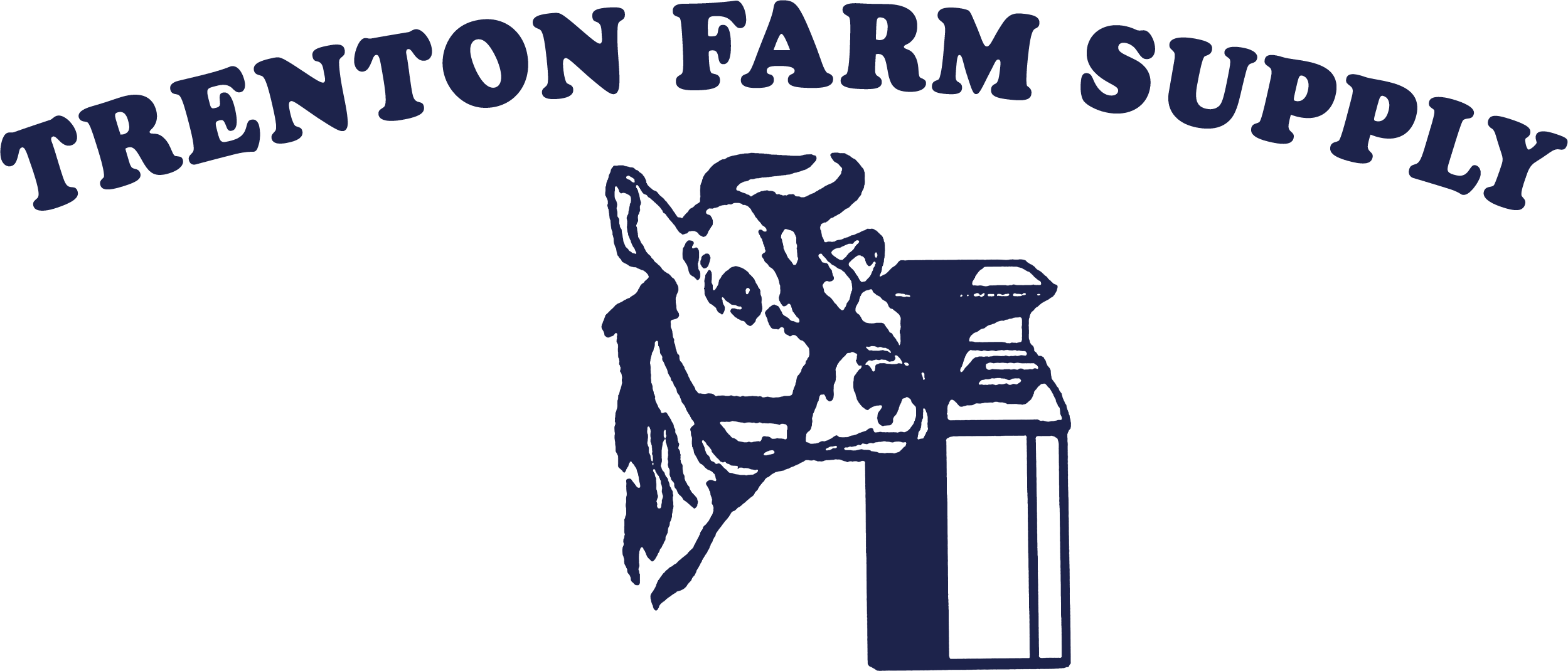 Logo with text "TRENTON FARM SUPPLY" above an illustration of a cow next to a milk can.
