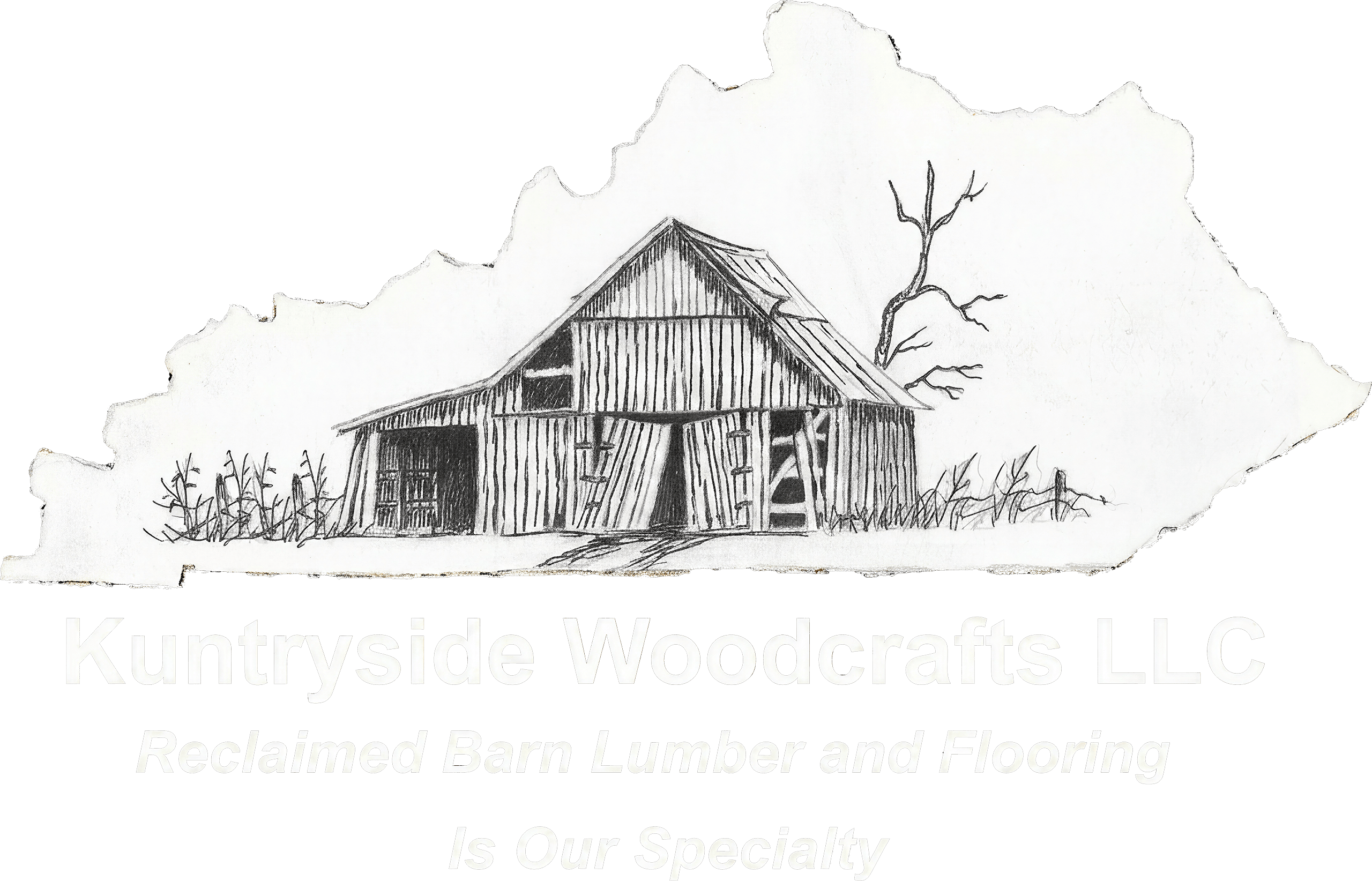 A pencil sketch of an old barn with a bare tree and corn plants, overlaid with the text "Kuntryside Woodcrafts LLC, Reclaimed Barn Lumber and Flooring Is Our Specialty.