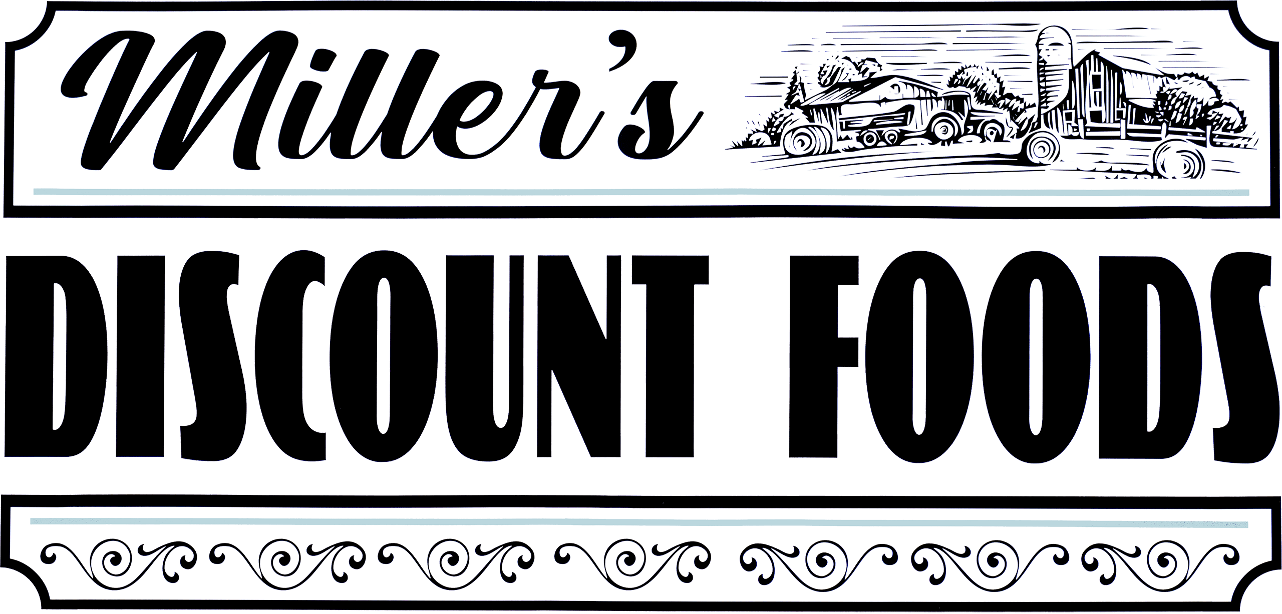 Sign reading "Miller’s Discount Foods" in bold letters, with an illustration of a farm scene featuring a barn, silo, trees, and tractor at the top right.