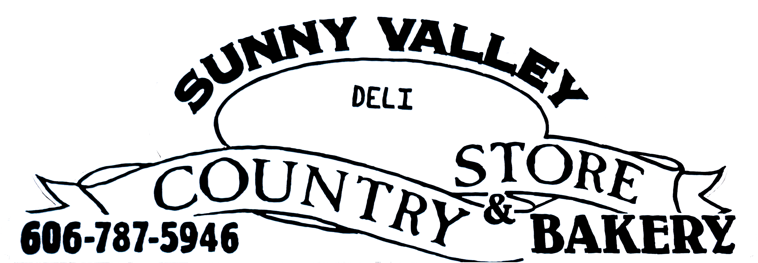 Black and white logo for Sunny Valley Country Store & Bakery, featuring the words "DELI" and a phone number: 606-787-5946.