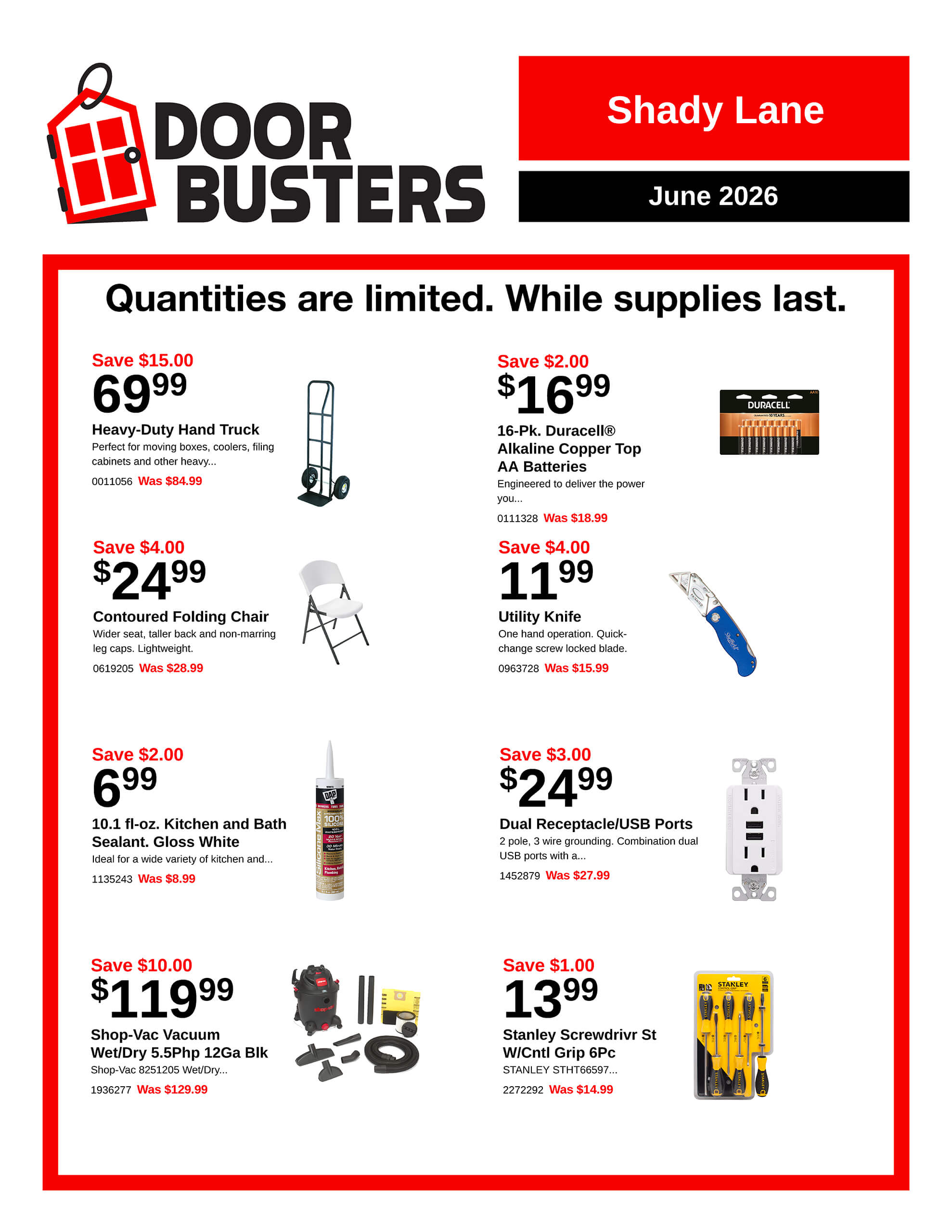 A sales flyer features various discounted hardware and tool items with product images, prices, savings, descriptions, and a headline stating 