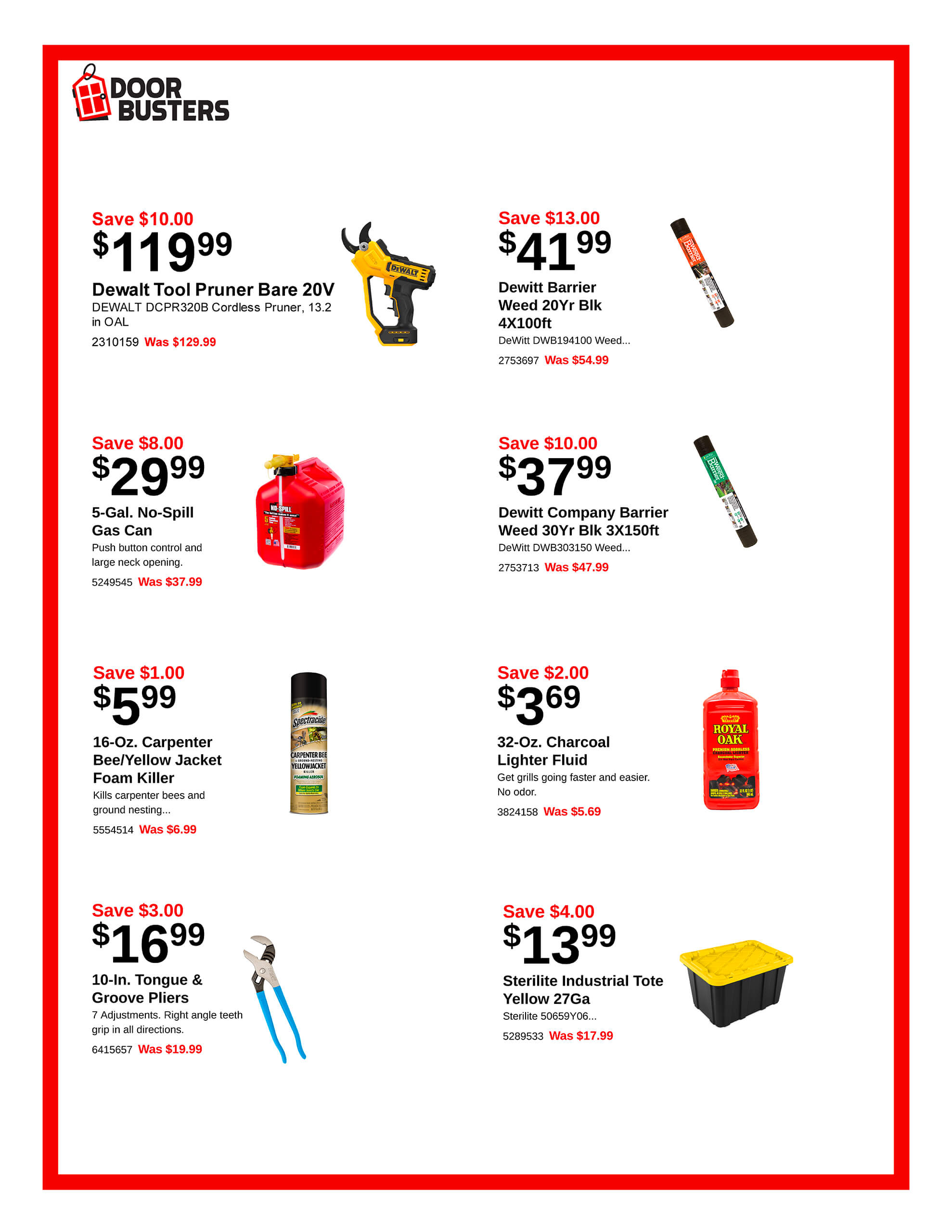 Promotional flyer showing discounted prices for tools, weed and pest control, gas can, lighter fluid, and storage tote, each with product images and savings highlighted in red text.