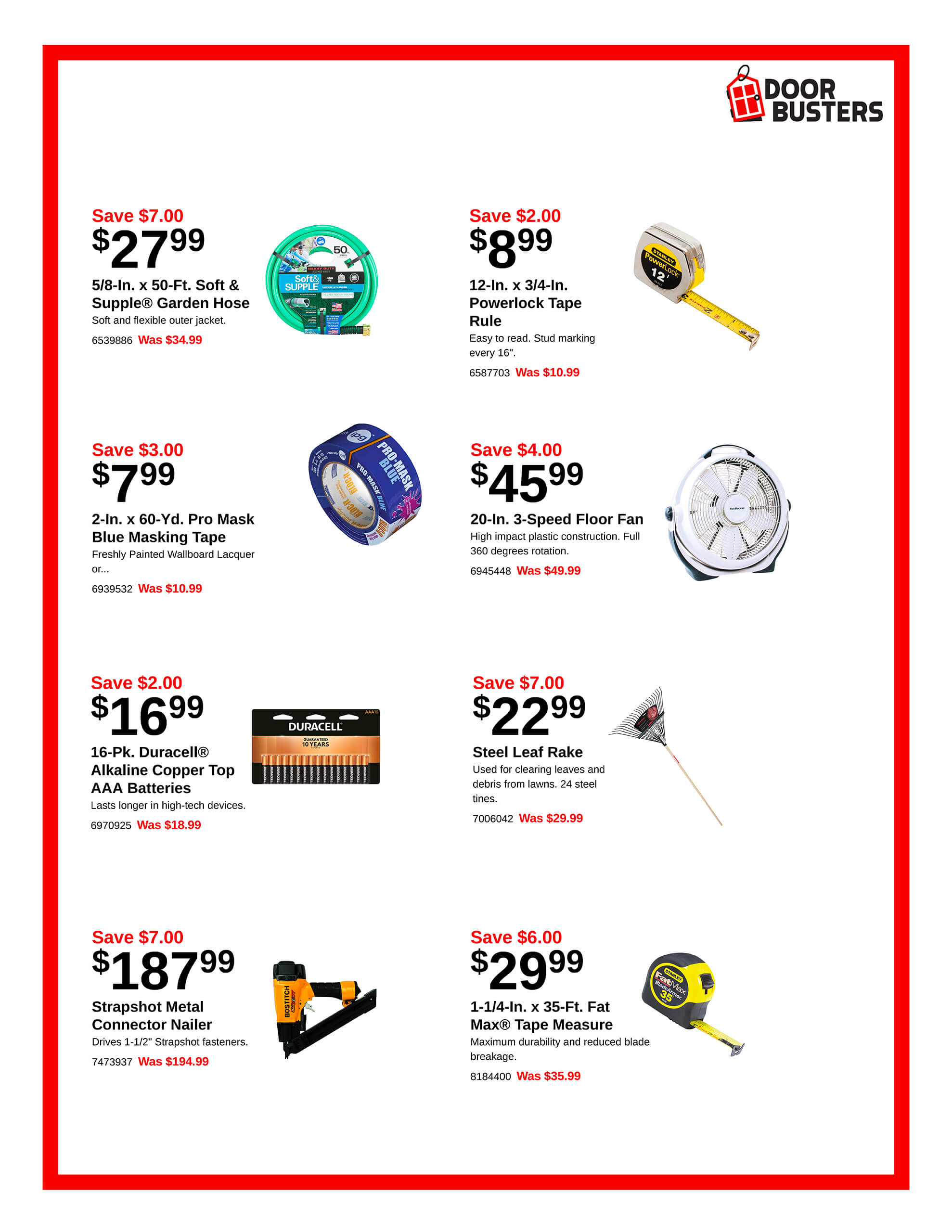 Grid of home improvement products on sale, including tape, hose, fan, rake, batteries, tape measure, and nailer. Each product shows a discounted price and the original price in red text.