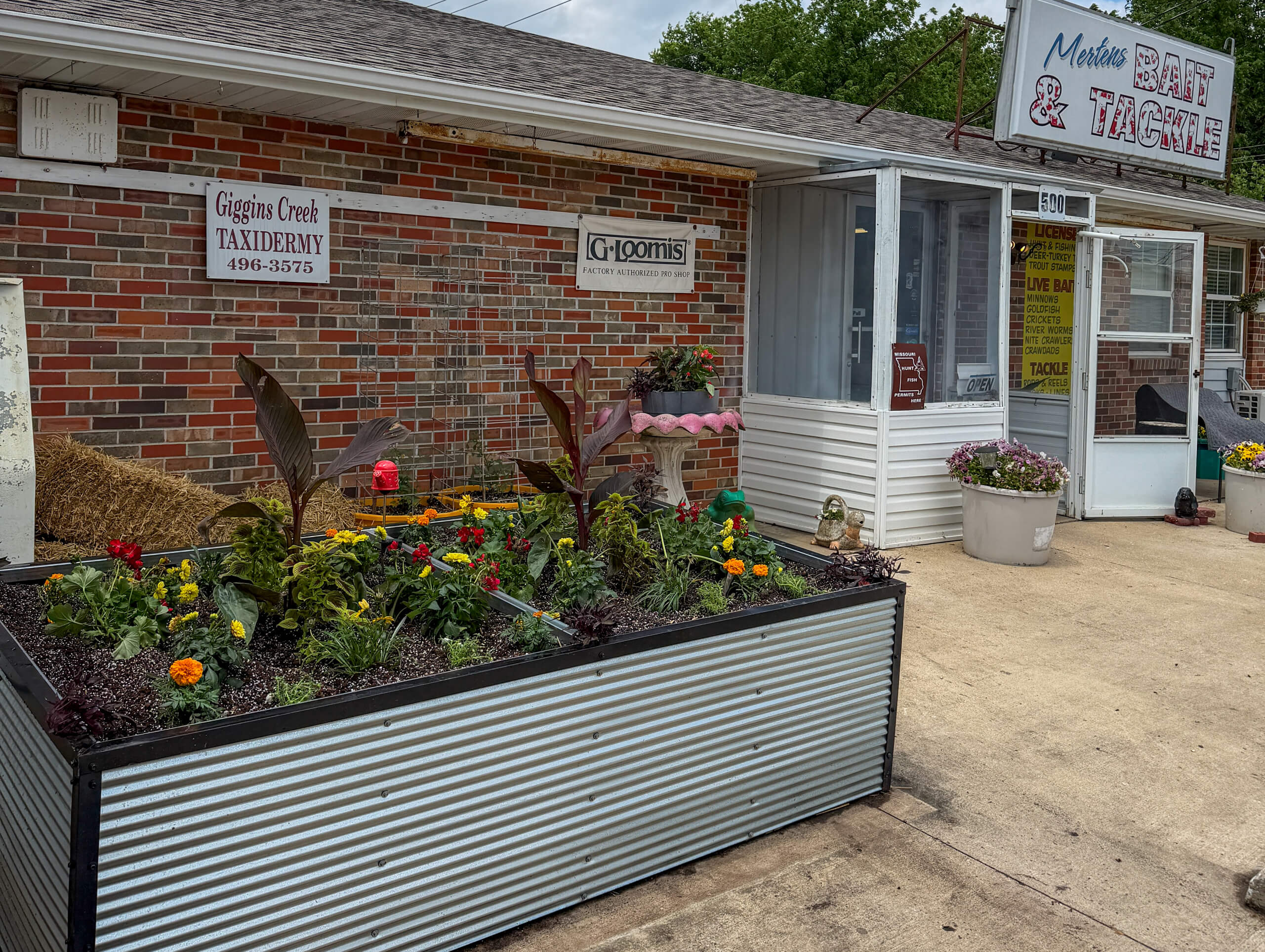 Sunny Crest Acres Versailles MO A brick building with a bait and tackle shop sign, outdoor flower planters, and a white door entrance. Signs for Giggins Creek Taxidermy and G. Loomis are visible.