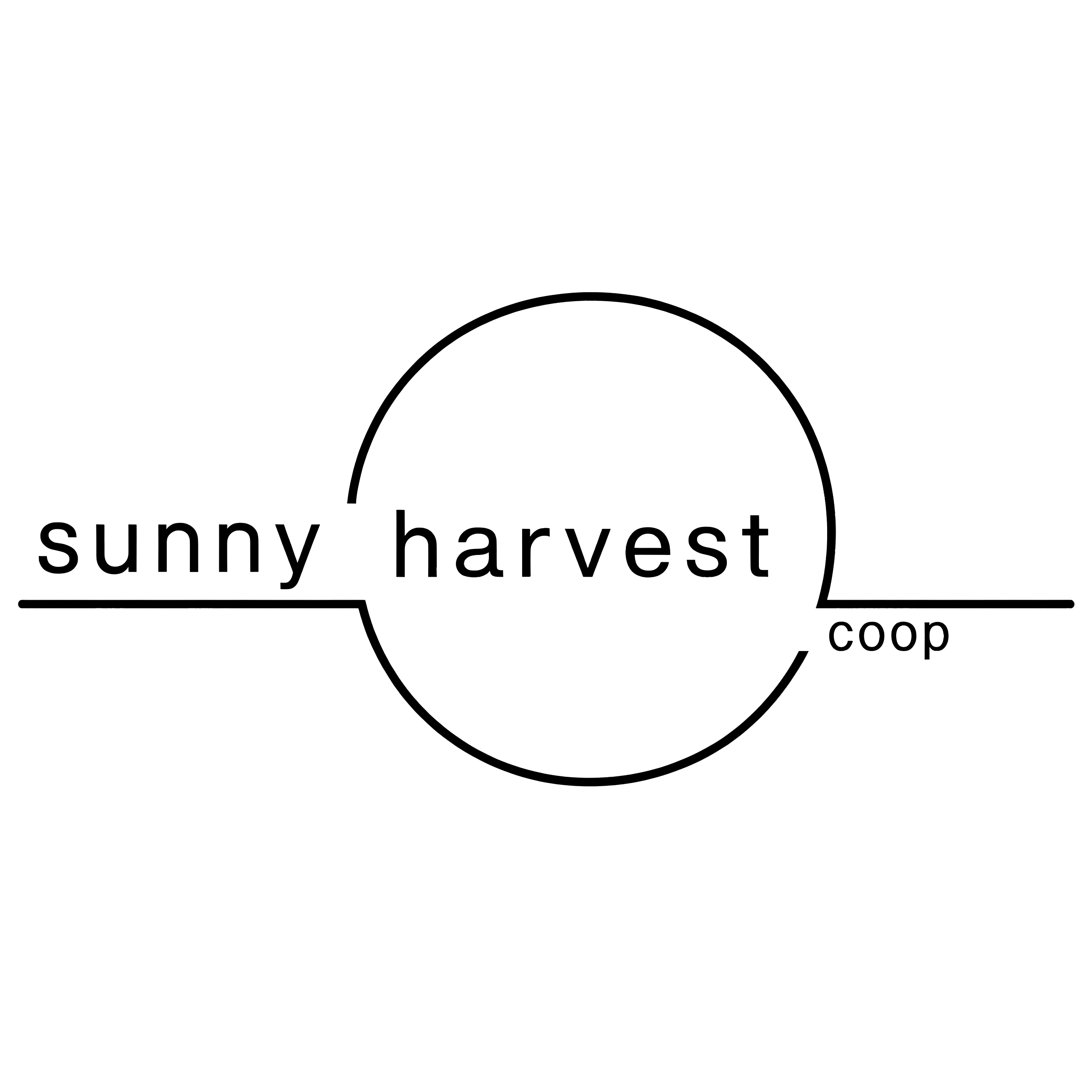 Minimalist logo for "sunny harvest coop" featuring the text intersecting a thin, incomplete circle with horizontal lines extending from both sides.