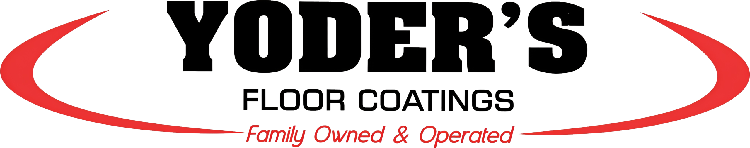 Logo for Yoder's Floor Coatings with the text "Family Owned & Operated" and curved red lines on each side.