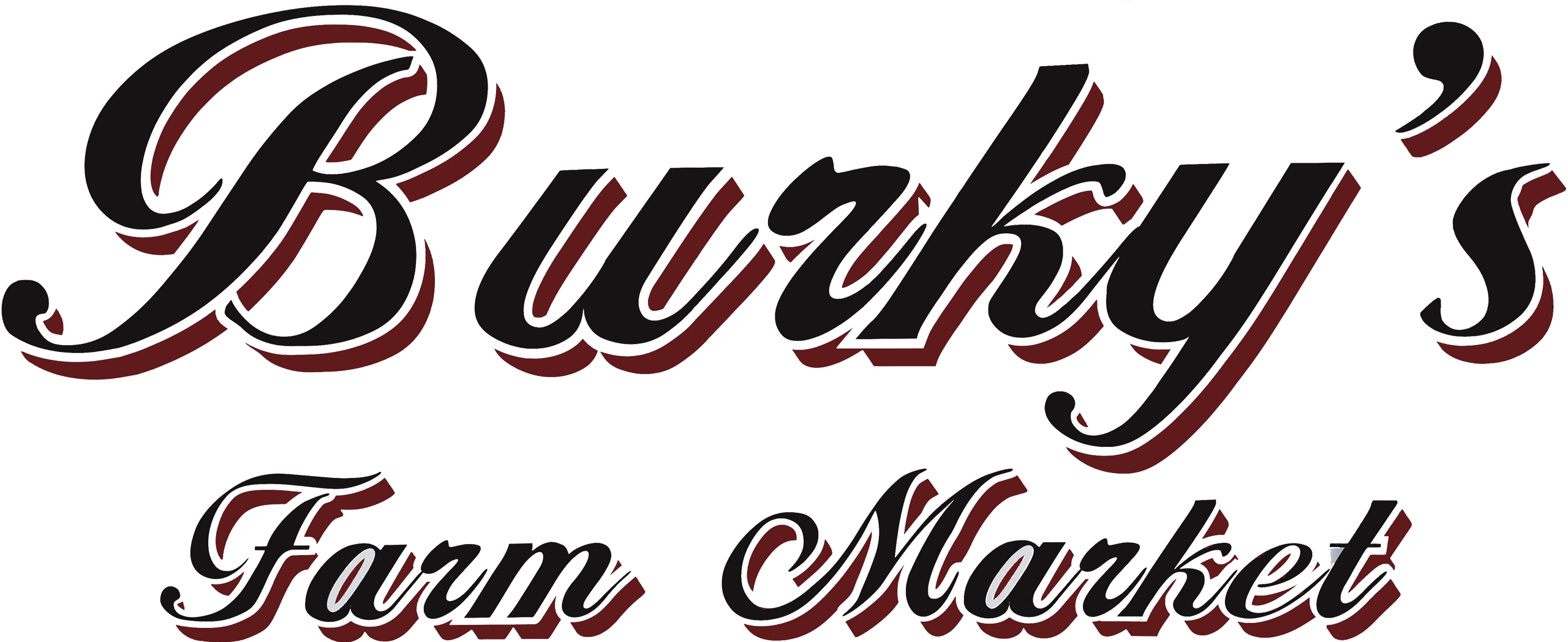 Logo with stylized text reading "Burky’s Farm Market" in black cursive letters with red and white shadow accents.