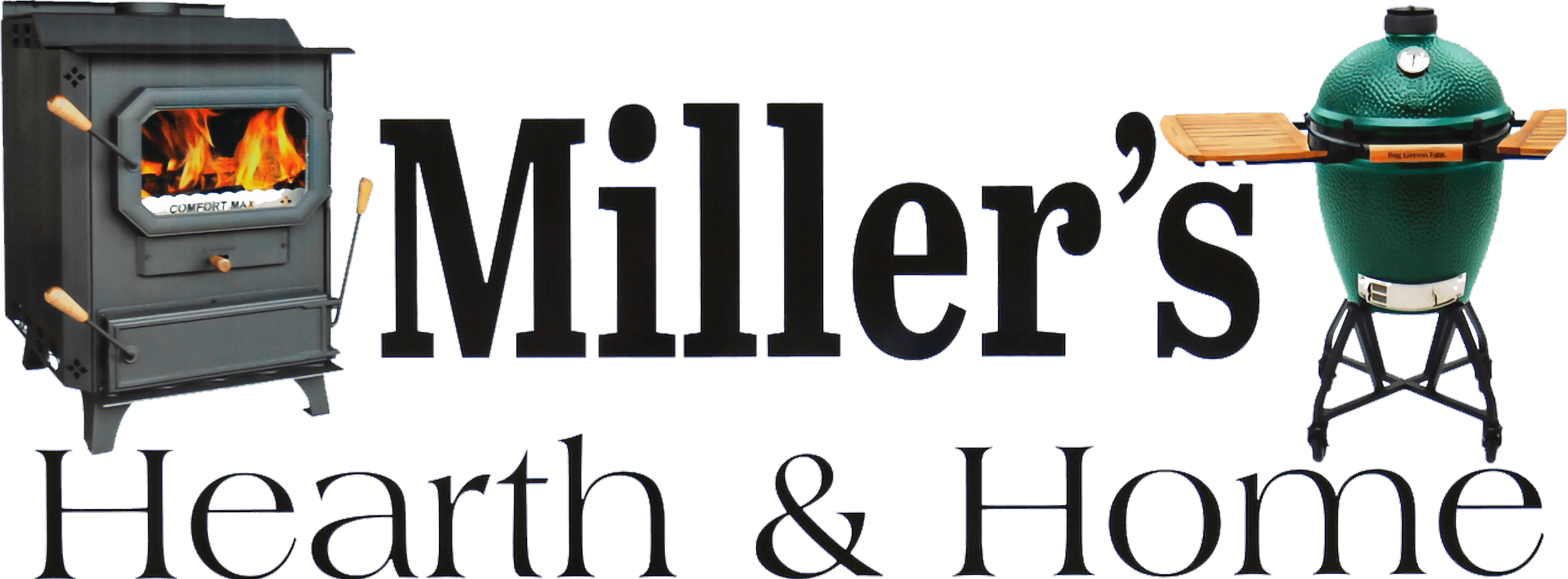 Logo for Miller’s Hearth & Home featuring a wood stove on the left and a green ceramic grill on the right, with the business name in large, bold text.