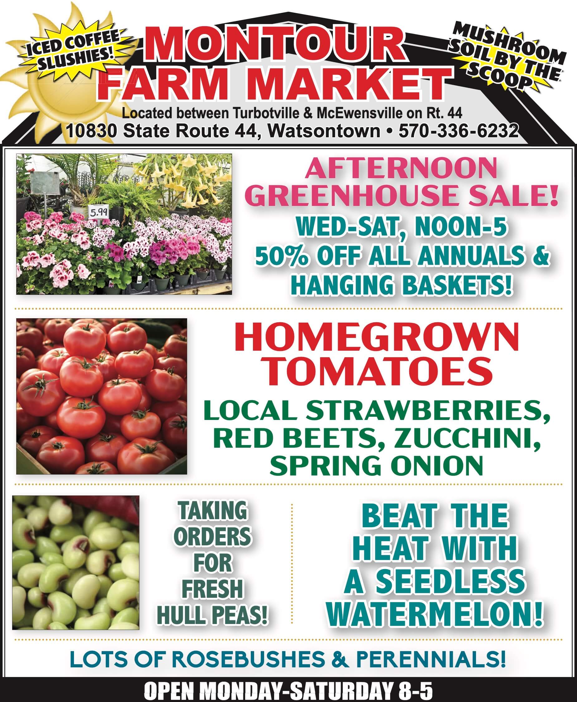 Promotional poster for Montour Farm Market featuring sales on annuals, hanging baskets, homegrown tomatoes, and seedless watermelon, with hours and contact information provided.