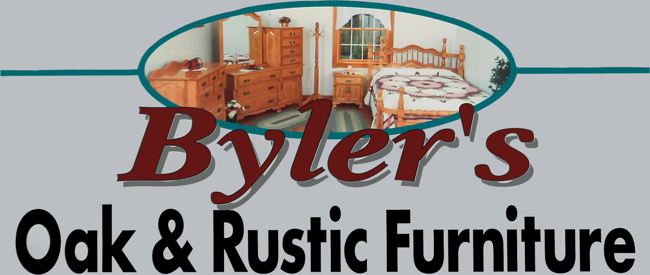 Logo for Byler's Oak & Rustic Furniture featuring a bedroom set with wooden furniture, including a bed, dresser, and nightstand, inside an oval frame above the store's name.