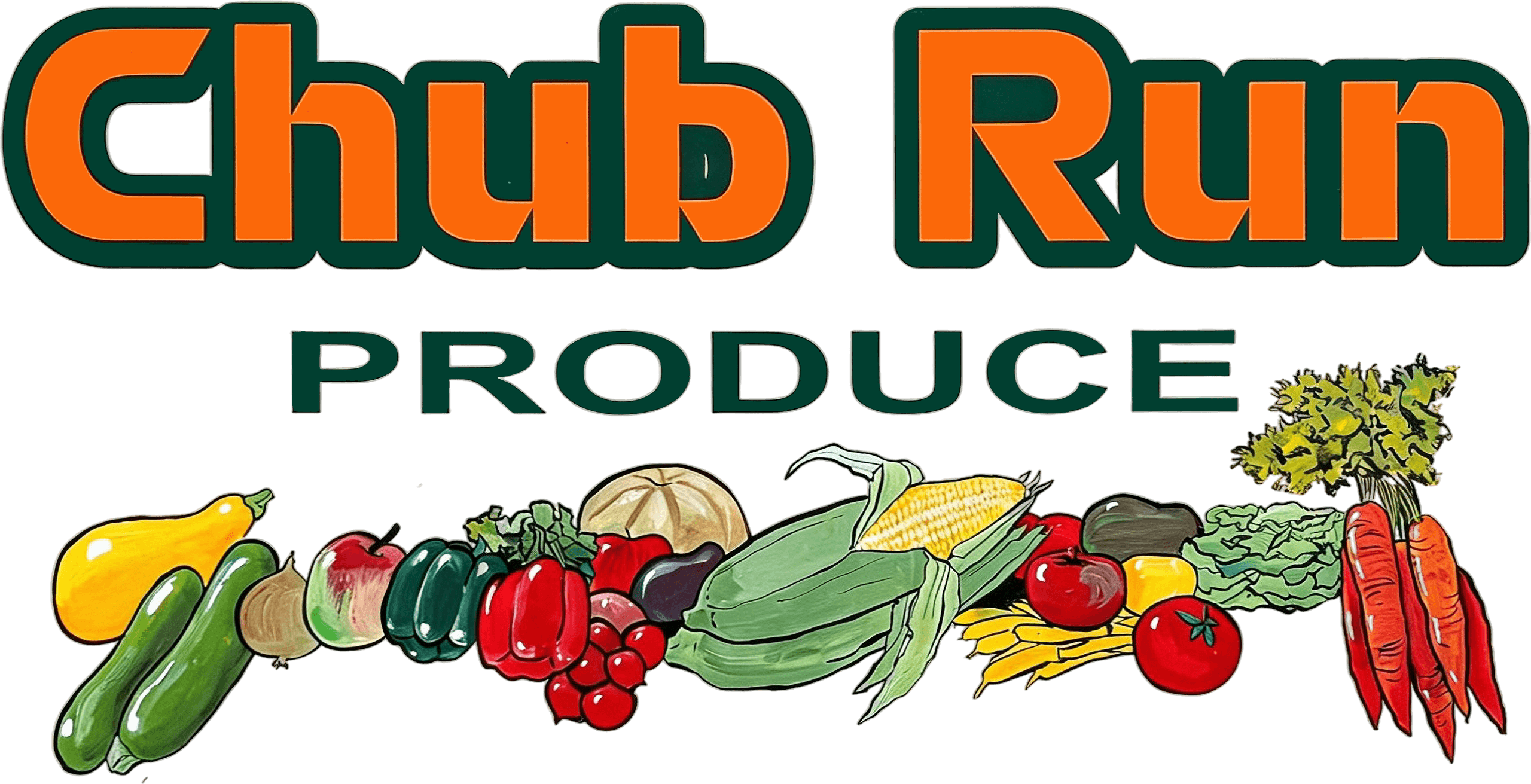 Sign reads "Chub Run Produce" above illustrations of various vegetables and fruits, including corn, tomatoes, carrots, squash, and lettuce.