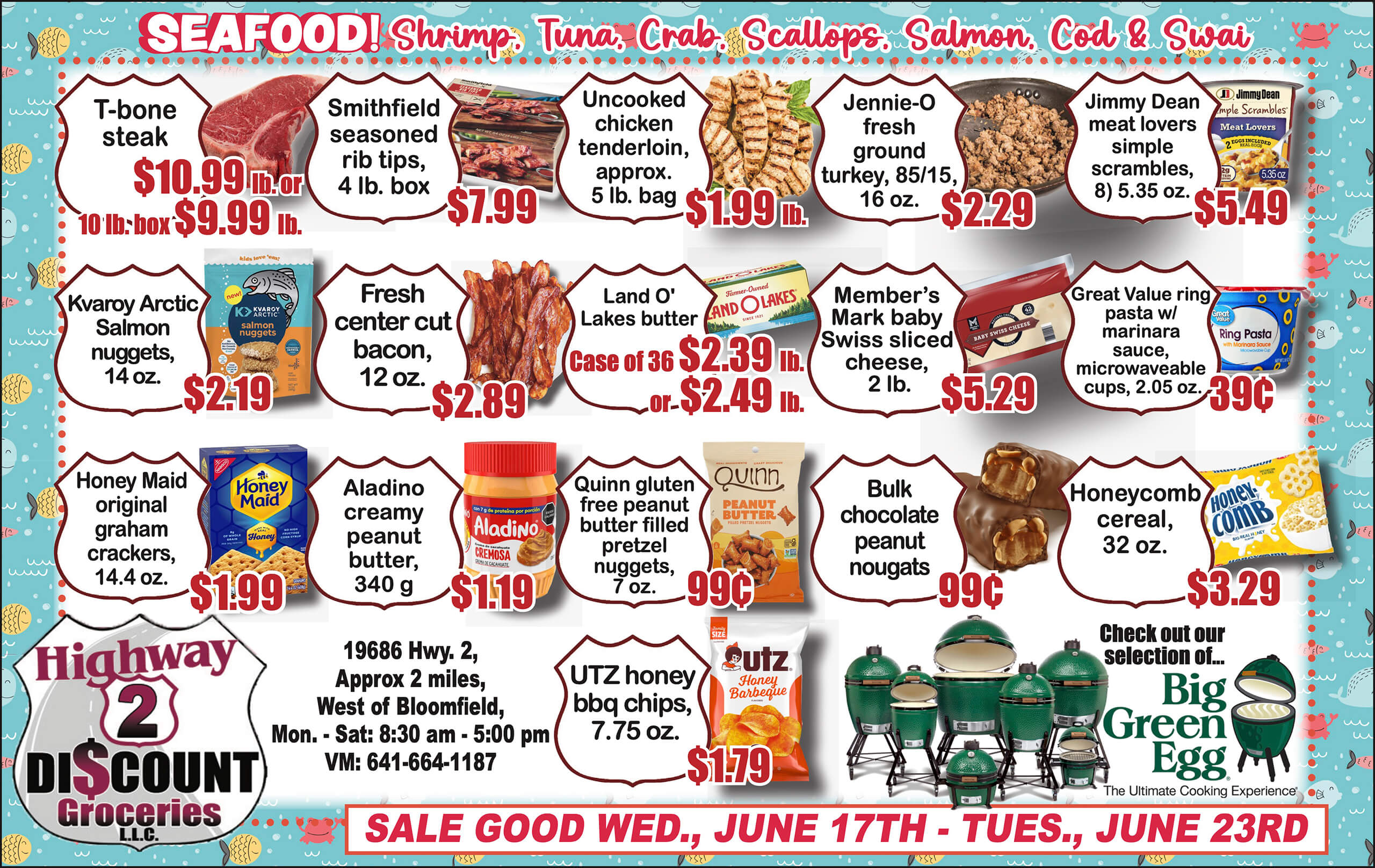 A grocery store flyer displays various meat and seafood deals, product images, prices, and store details, with a sale running from June 17 to June 23.