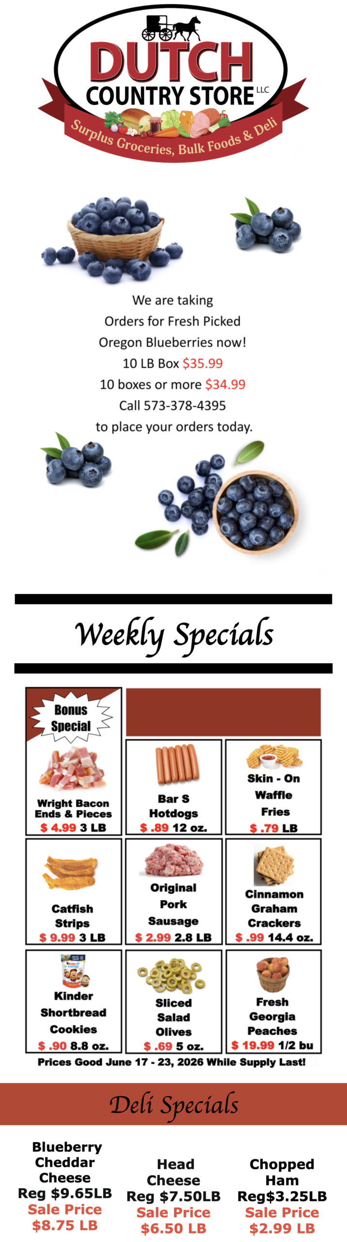 A promotional flyer for Dutch Country Store featuring fresh Oregon blueberries, weekly specials, and deli specials with prices and order information.